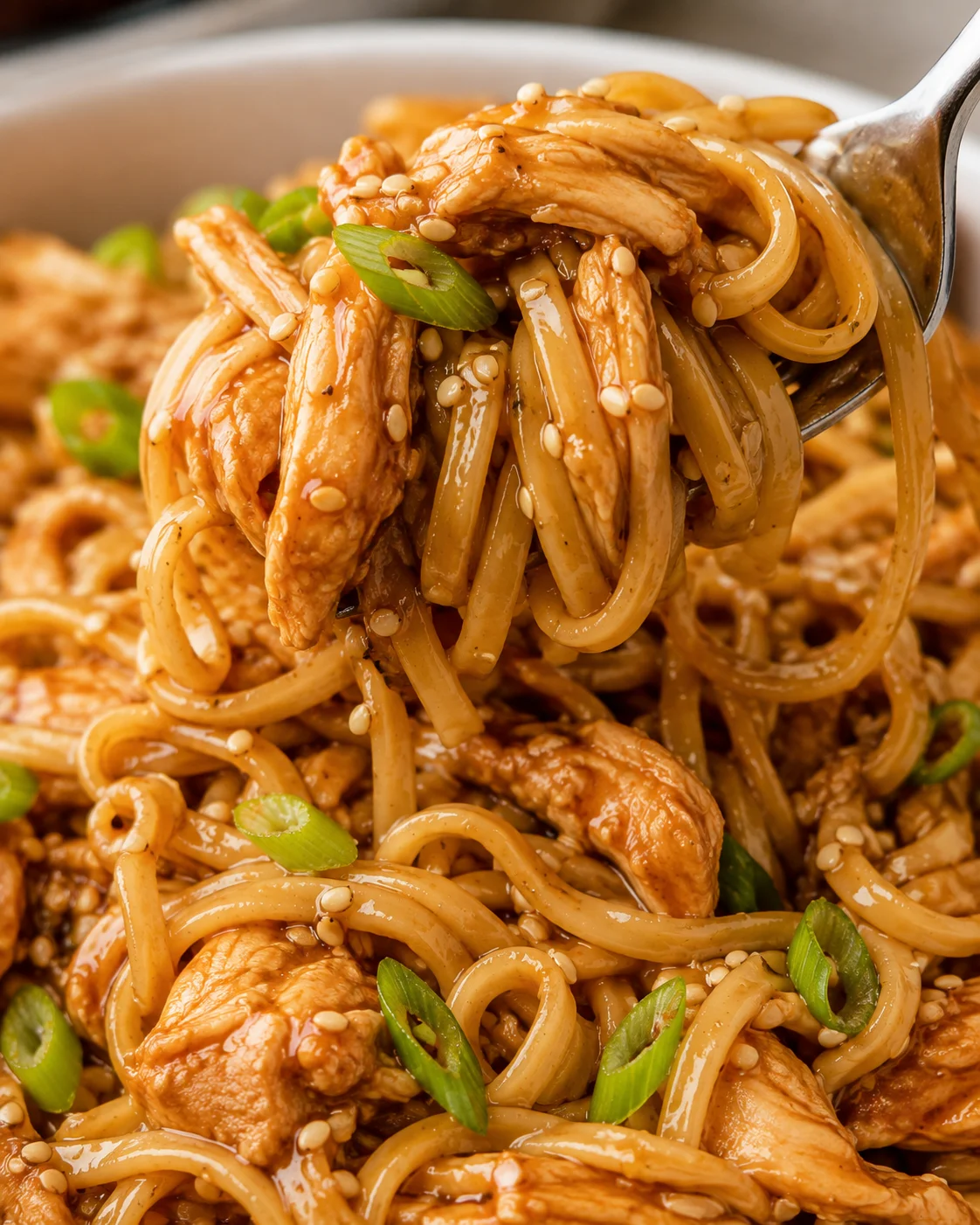 Fork lifting a bite of honey garlic chicken noodles with sesame seeds and green onions