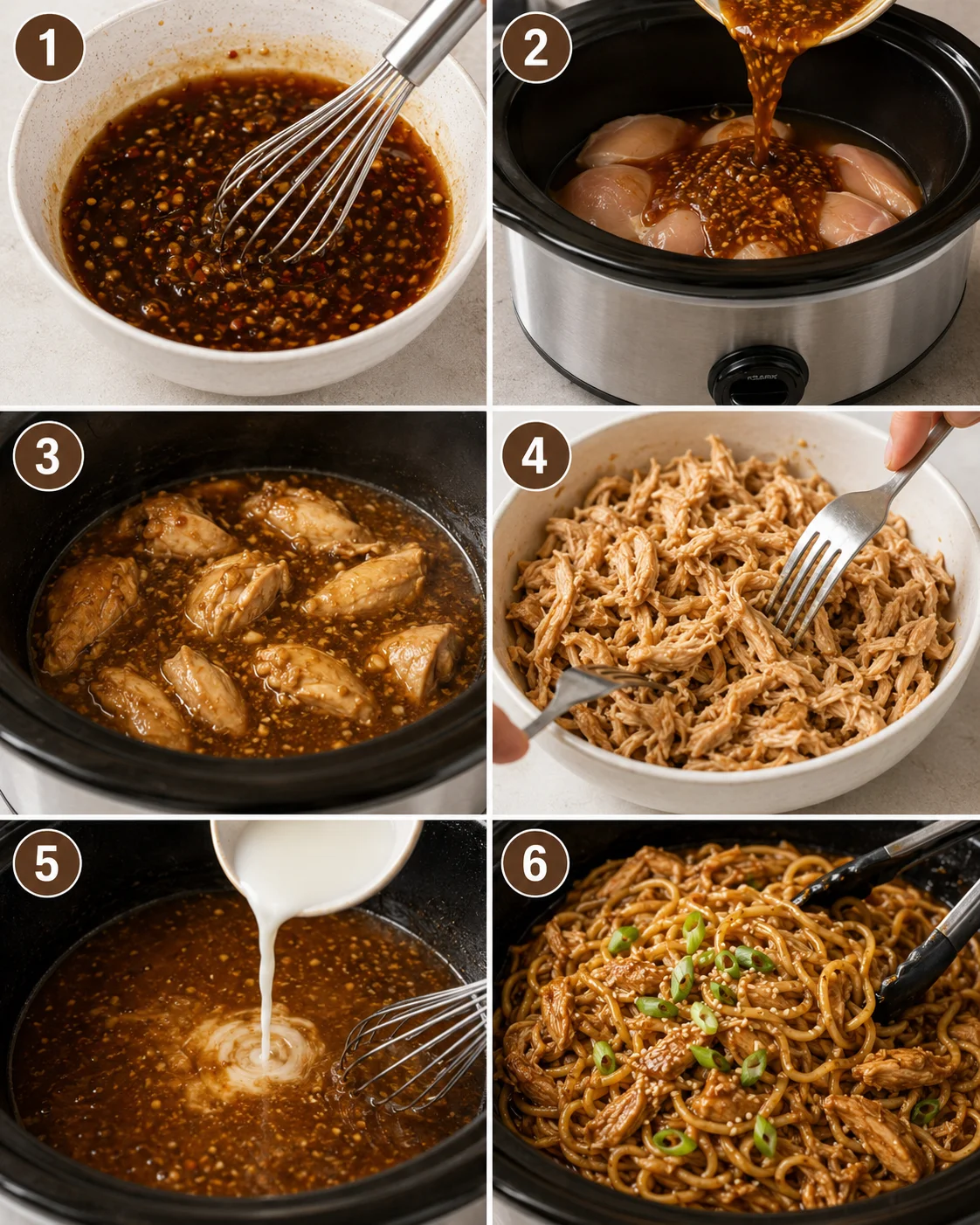 Six-panel step collage showing whisking sauce, pouring over chicken in crockpot, cooked chicken, shredding, adding slurry, and finished noodles