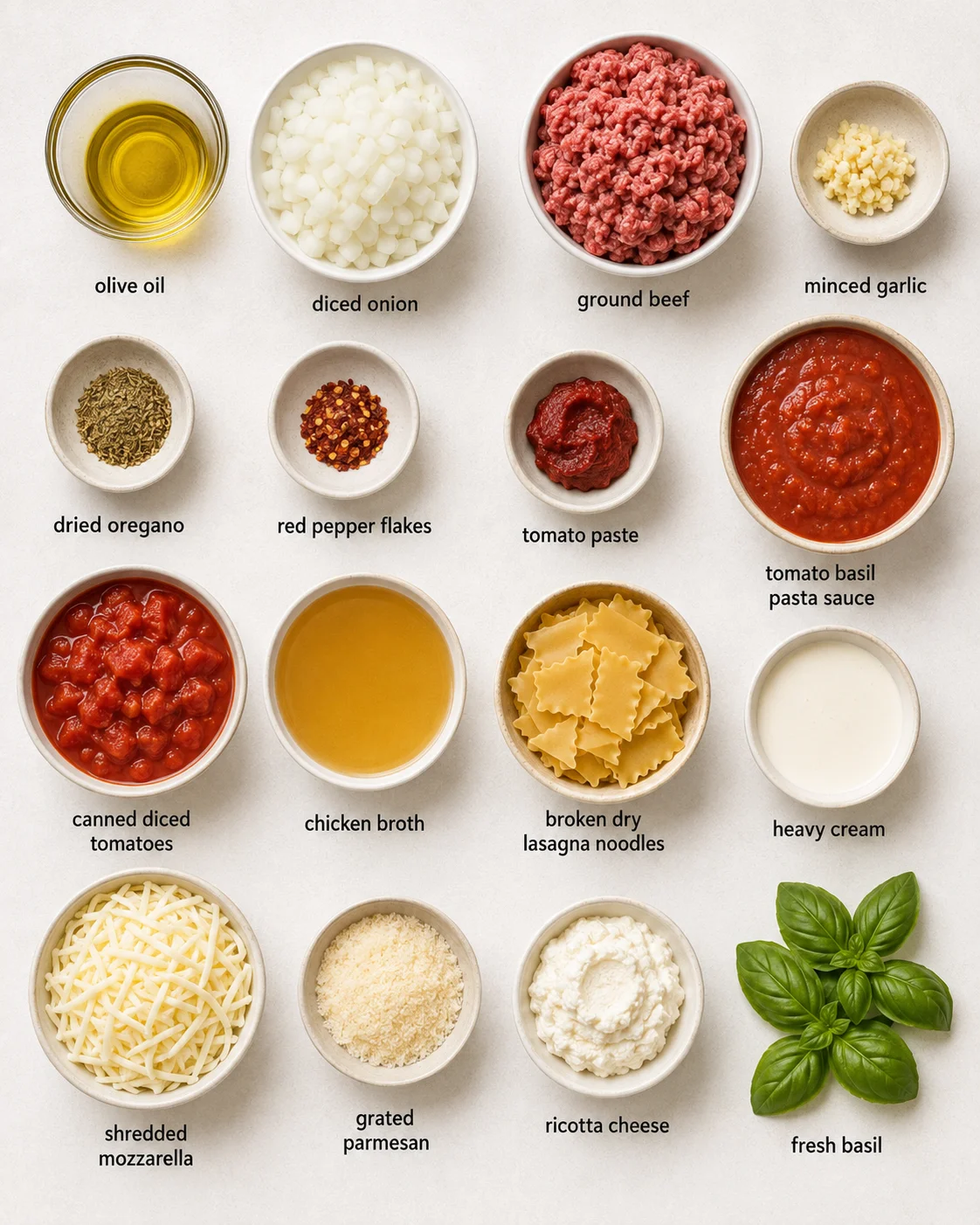 Top-down layout of the ingredients for Easy Creamy Lasagna Soup arranged in bowls and labeled
