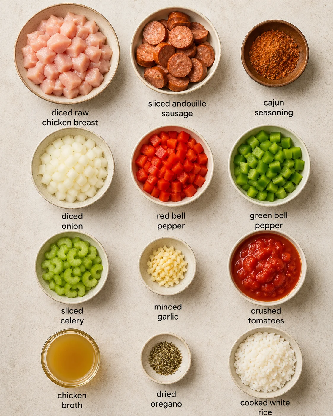 Top-down layout of measured ingredients for slow cooker chicken jambalaya in small bowls