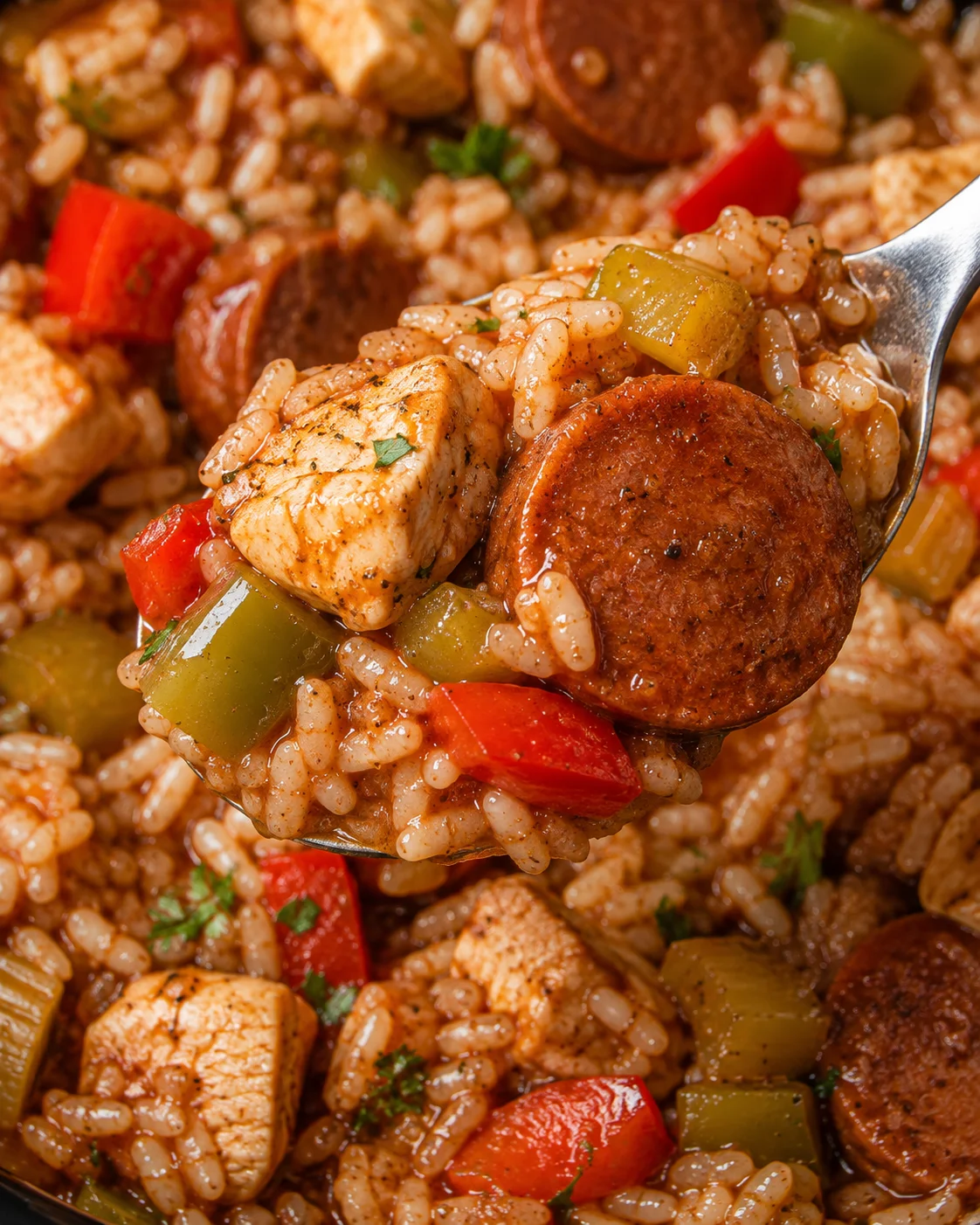 Close-up spoonful of jambalaya showing rice, sausage, chicken, and diced vegetables