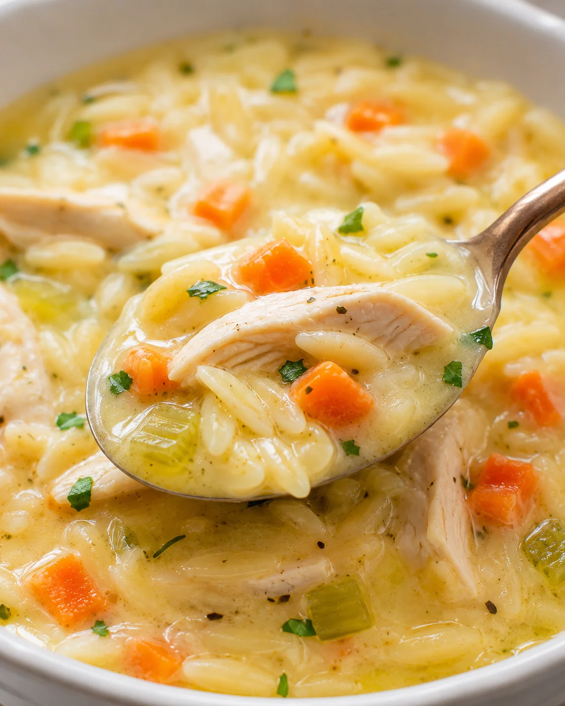 Close-up detail of a spoonful of lemon chicken orzo soup showing the texture of orzo, chicken and diced carrots