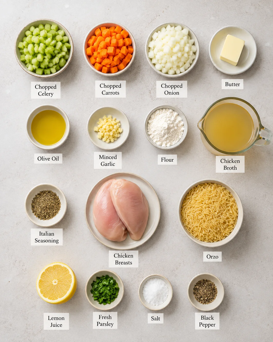 Top-down arrangement of ingredients for lemon chicken orzo soup including chicken, orzo, broth, vegetables and seasonings labeled