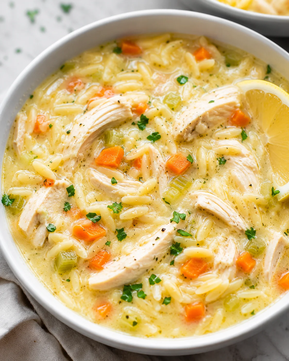Bowl of lemon chicken orzo soup with shredded chicken, orzo, diced carrots and celery and a lemon wedge