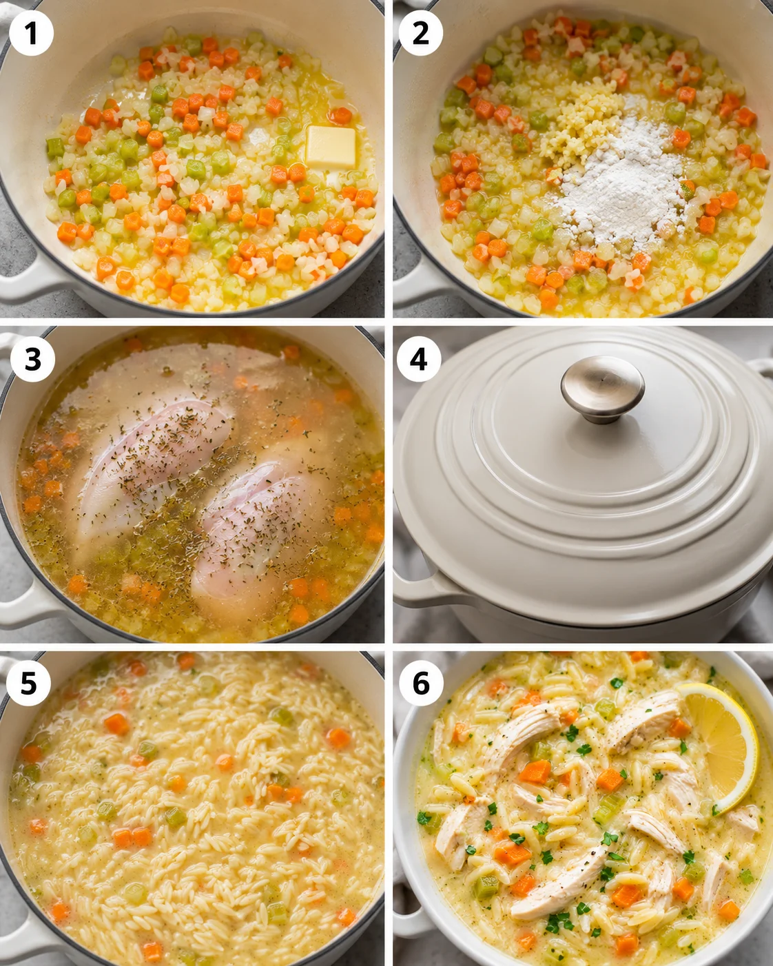 Collage of numbered step-by-step photos showing sautéing vegetables, adding broth and chicken, cooking orzo and the finished soup