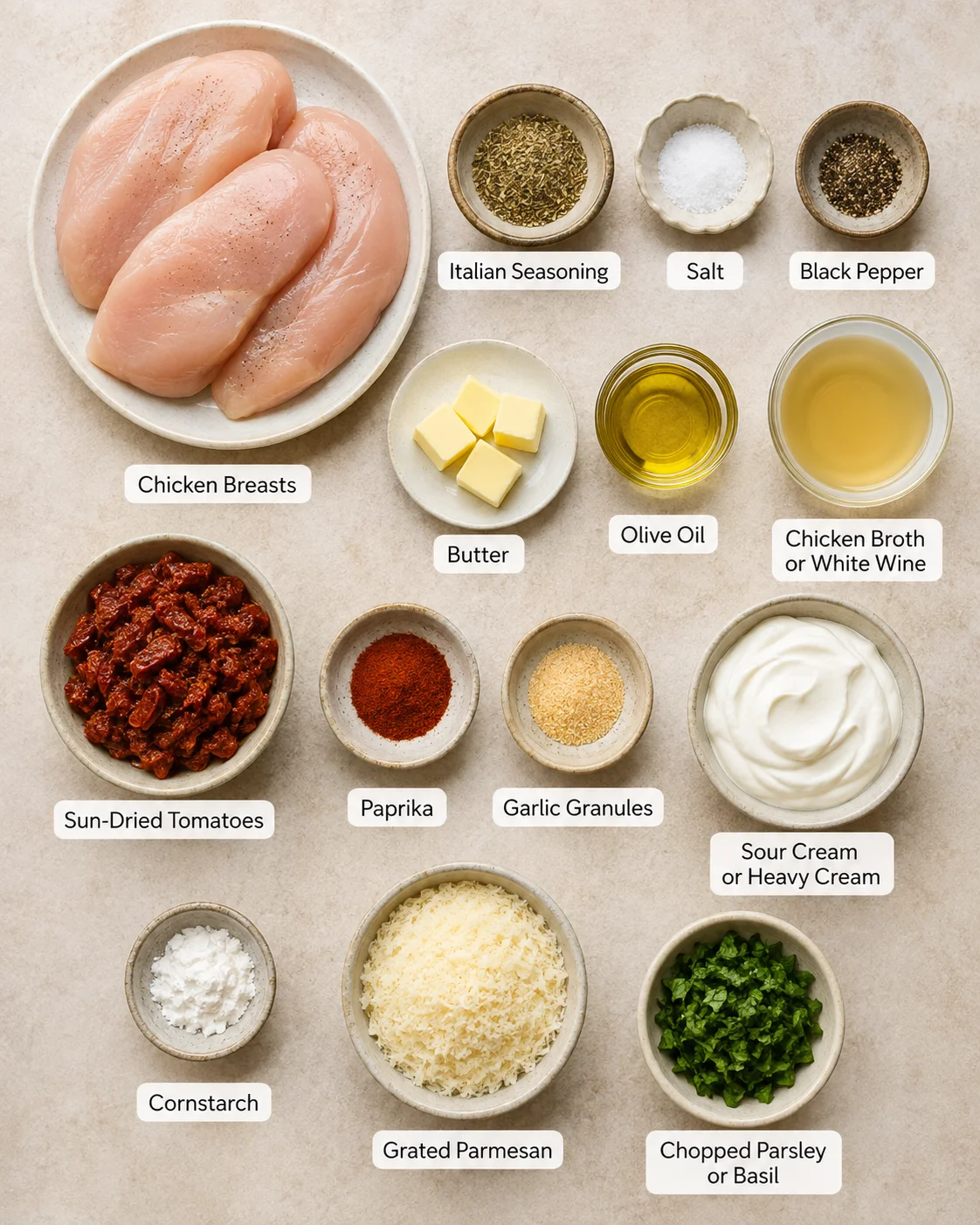 Top-down layout of ingredients for Crock Pot Marry Me Chicken with labels