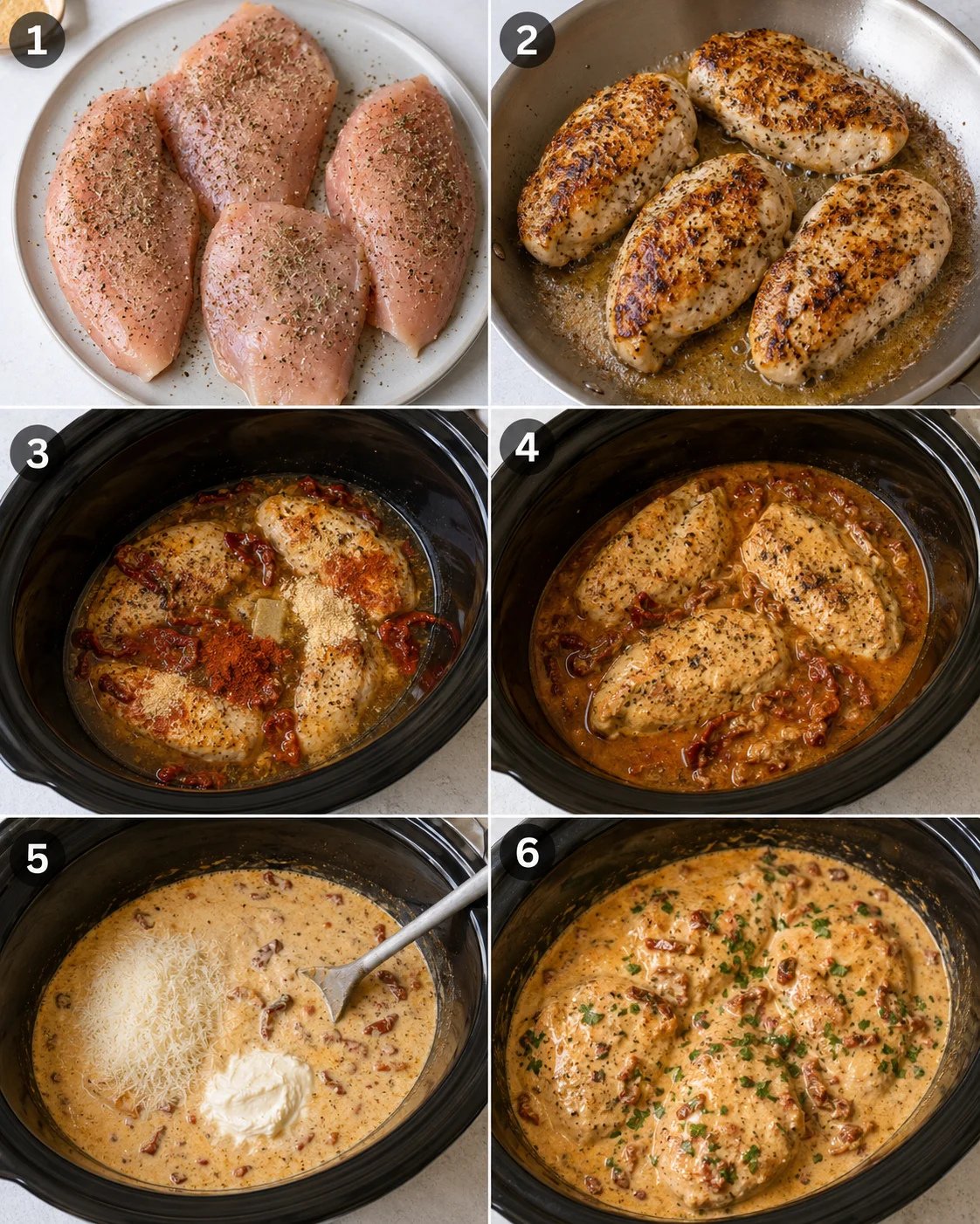 Six-panel collage showing seasoning, searing and slow-cooker steps for Marry Me Chicken