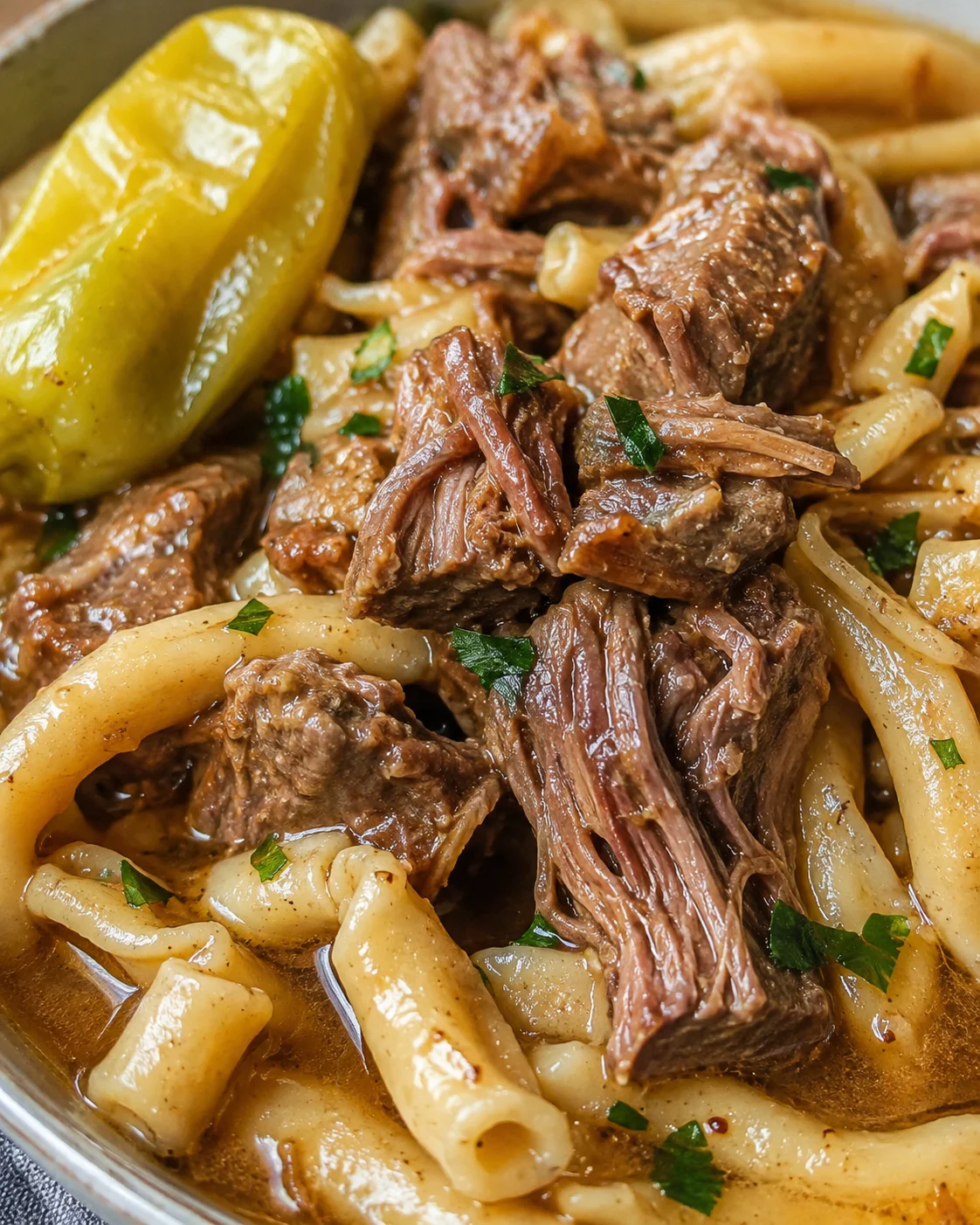 Close-up of shredded beef, egg noodles, and a pepperoncini in Crock Pot Mississippi Beef Noodles