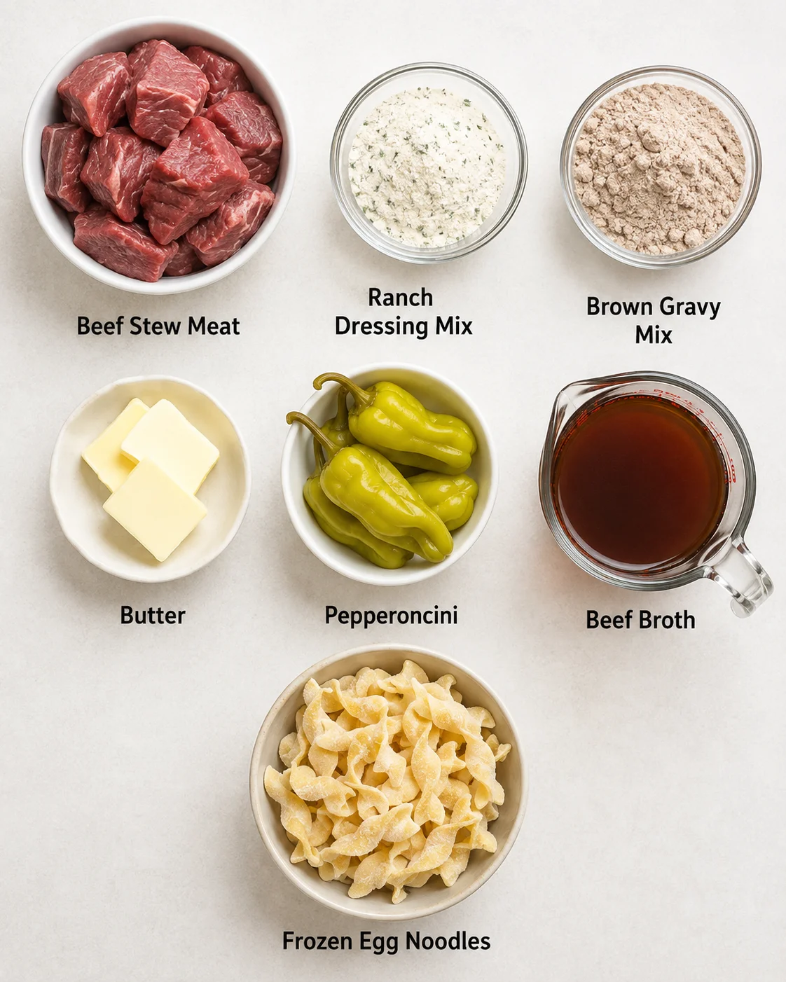 Top-down layout of ingredients for Crock Pot Mississippi Beef Noodles including beef stew meat, mixes, butter, pepperoncini, broth, and frozen egg noodles