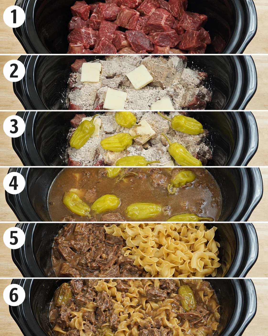 Six-panel slow-cooker process showing adding beef, seasonings, pepperoncini, broth, noodles, and finished mixture