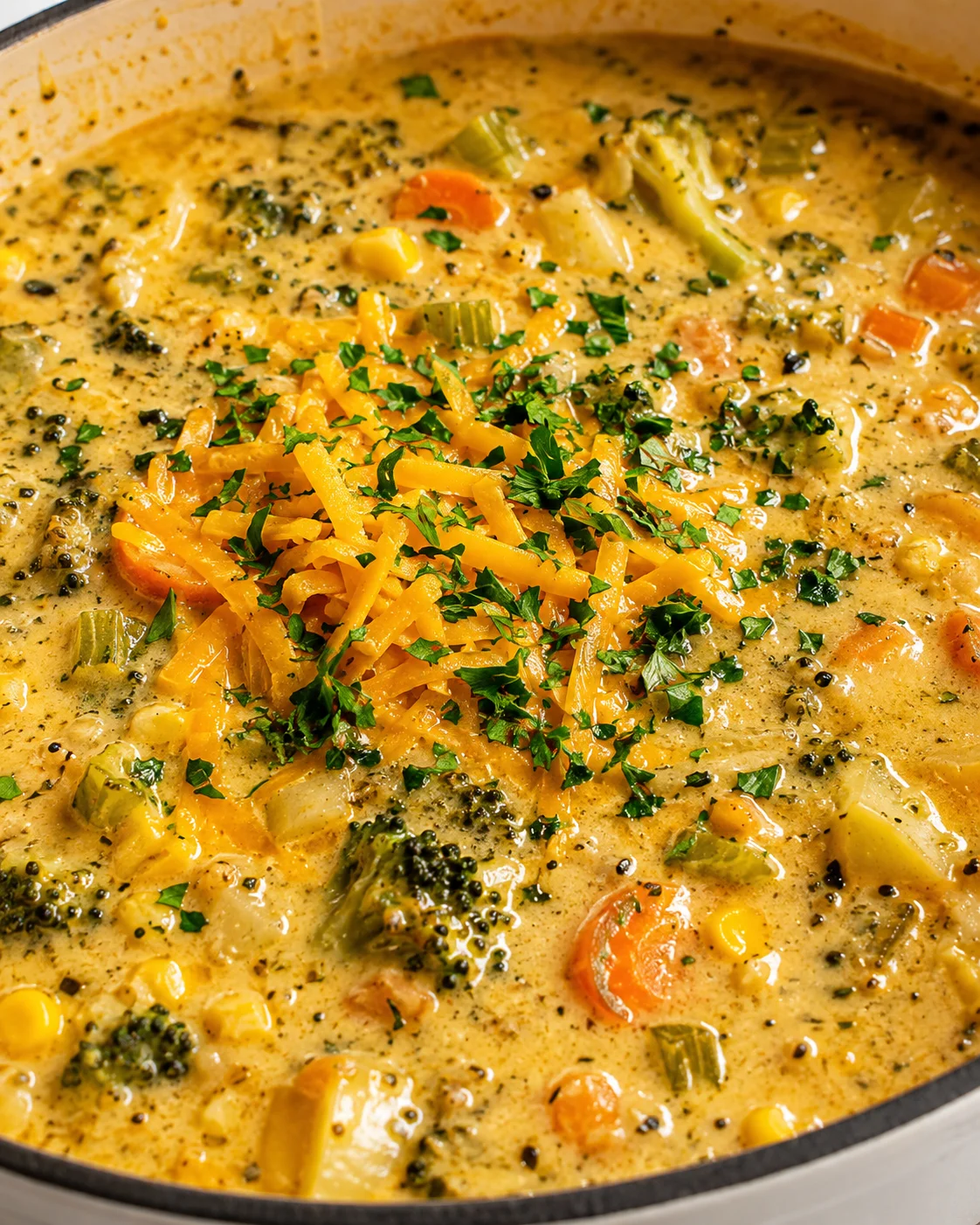 Close-up of one pot creamy vegetable soup topped with shredded cheddar and chopped parsley