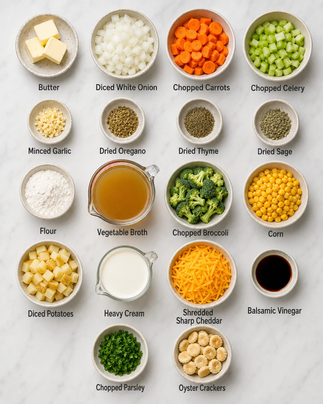 Top-down view of ingredients for one pot creamy vegetable soup arranged in bowls and labeled