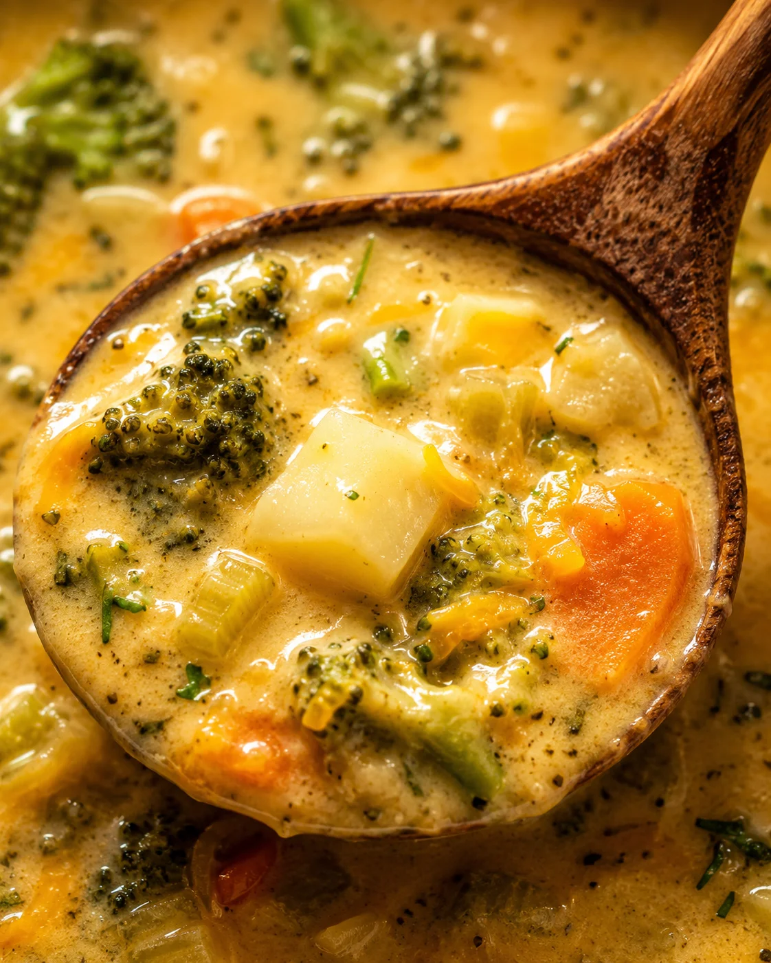 Wooden ladle holding a close-up of potatoes, broccoli and carrots in the creamy vegetable soup