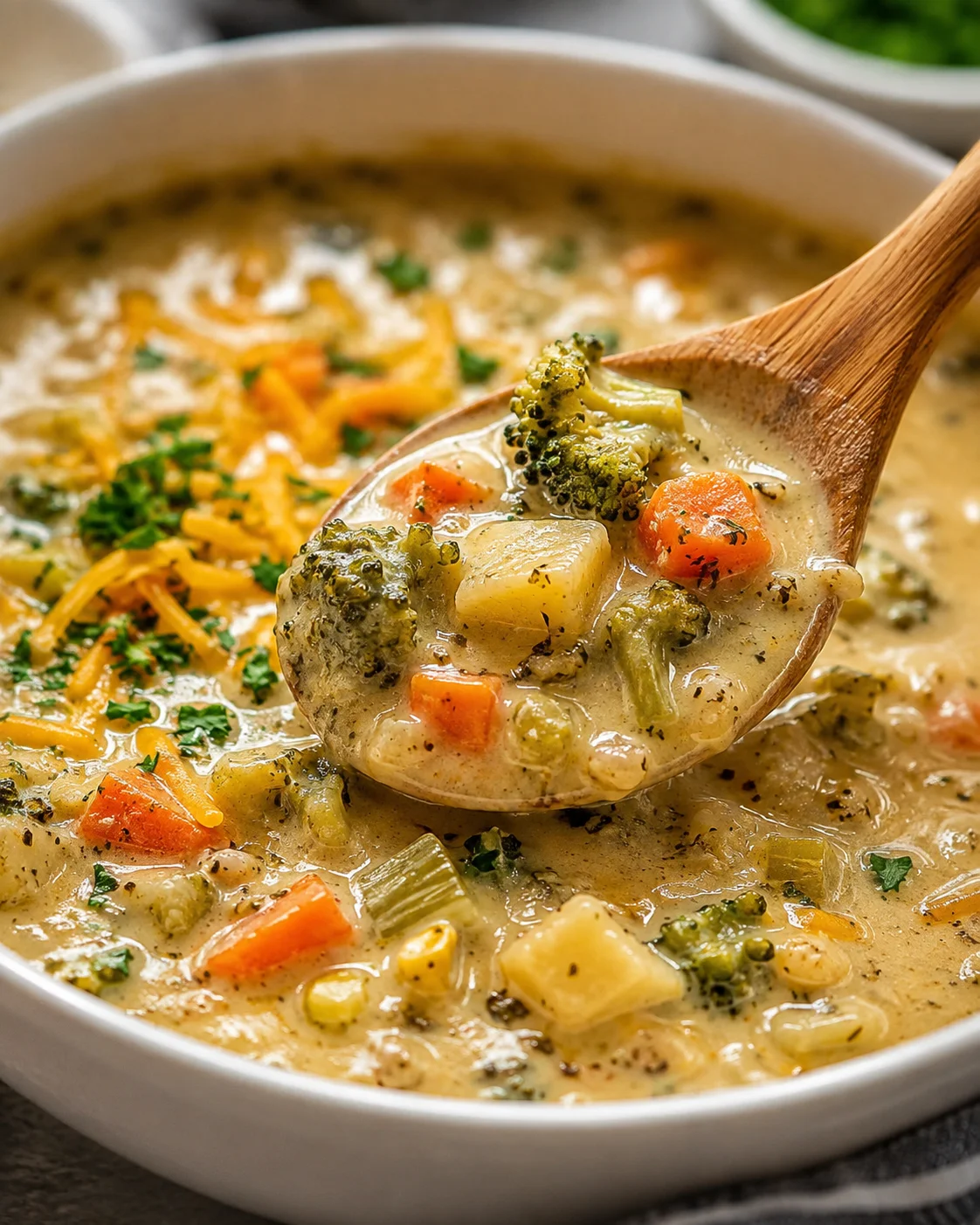 Bowl of one pot creamy vegetable soup with a wooden spoon lifting a spoonful of broccoli, potato, and carrot