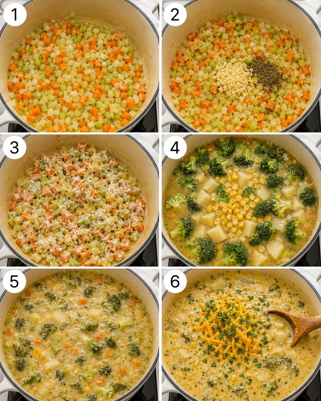 Six-panel sequence showing the one-pot creamy vegetable soup being cooked step by step in a pot