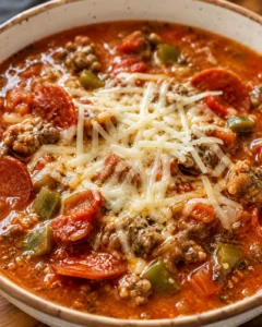 Pesto Crock Pot Pizza Soup in a bowl topped with shredded mozzarella, pepperoni, sausage, and green pepper