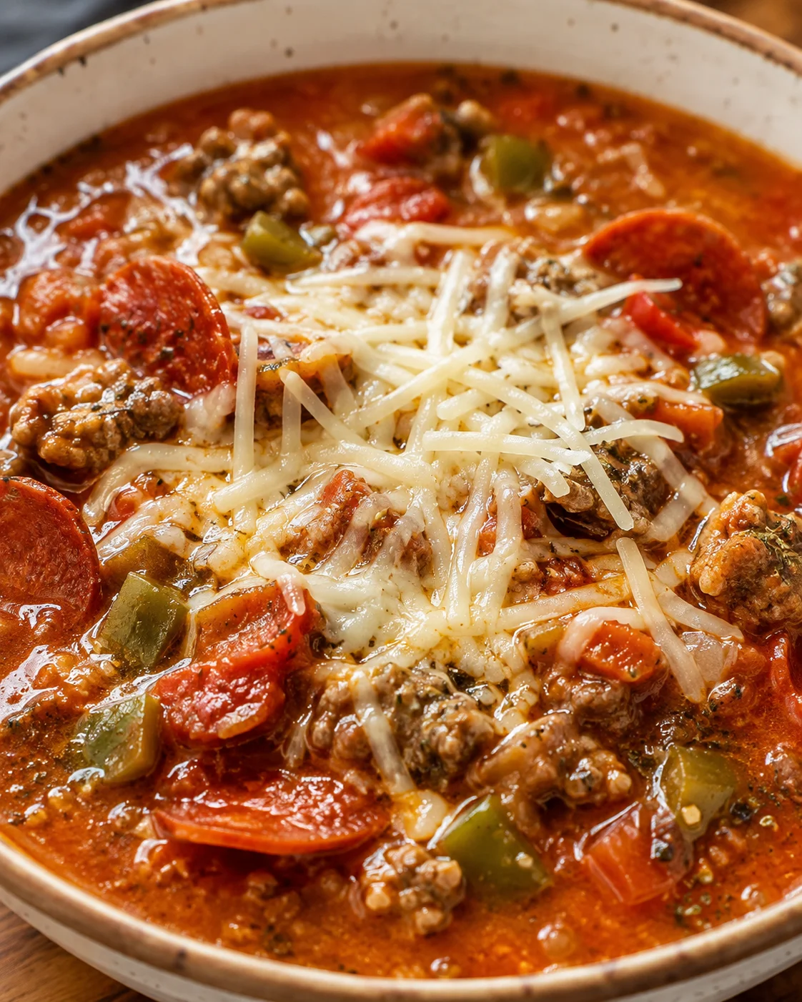 Pesto Crock Pot Pizza Soup in a bowl topped with shredded mozzarella, pepperoni, sausage, and green pepper