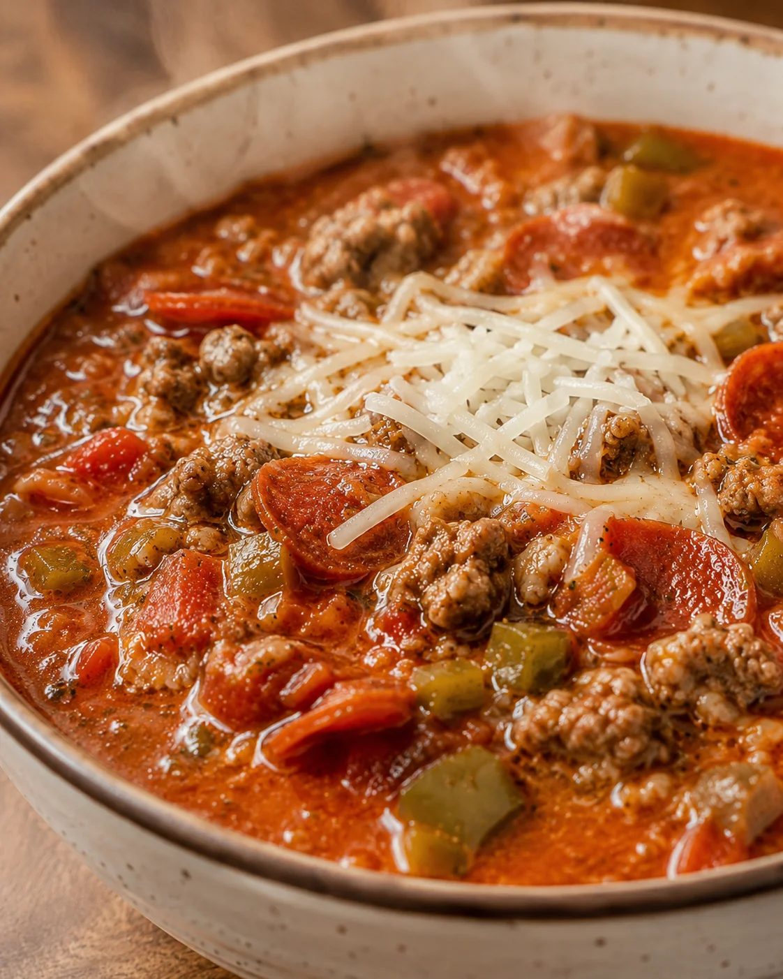 Side-angle view of Pesto Crock Pot Pizza Soup in a bowl with pepperoni, sausage and melted cheese