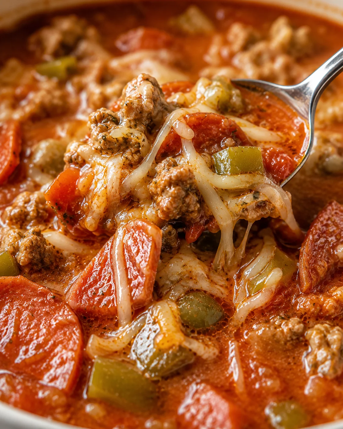 Spoonful of Pesto Crock Pot Pizza Soup with melted mozzarella, pepperoni and sausage
