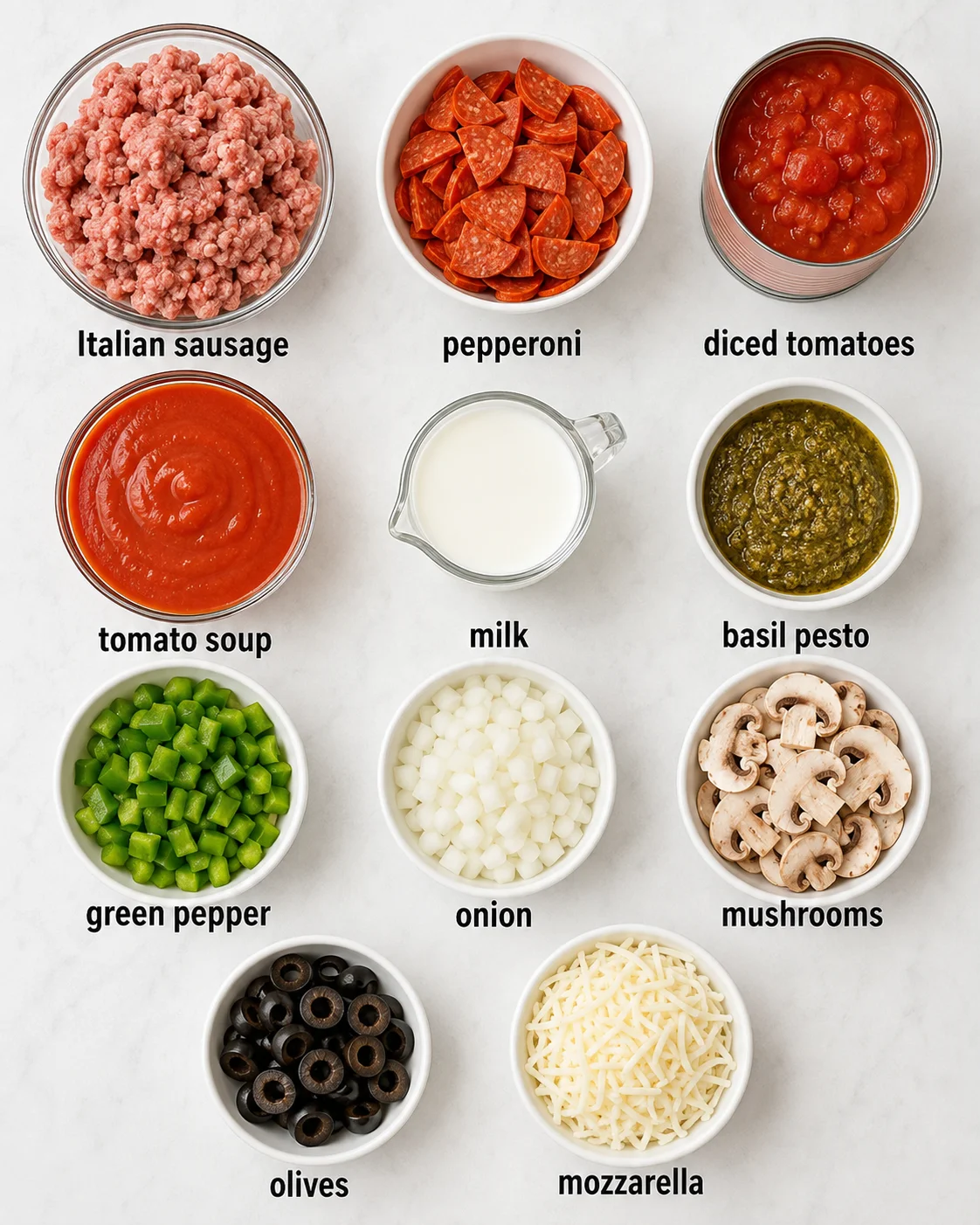 Top-down arrangement of ingredients for Pesto Crock Pot Pizza Soup including sausage, pepperoni, tomatoes, milk, pesto, vegetables and cheese