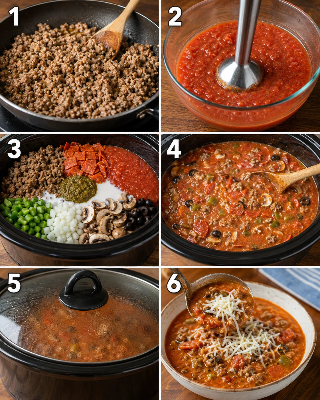 Collage of step-by-step photos showing browning sausage, blending tomatoes, adding ingredients to the slow cooker, cooking and serving the soup