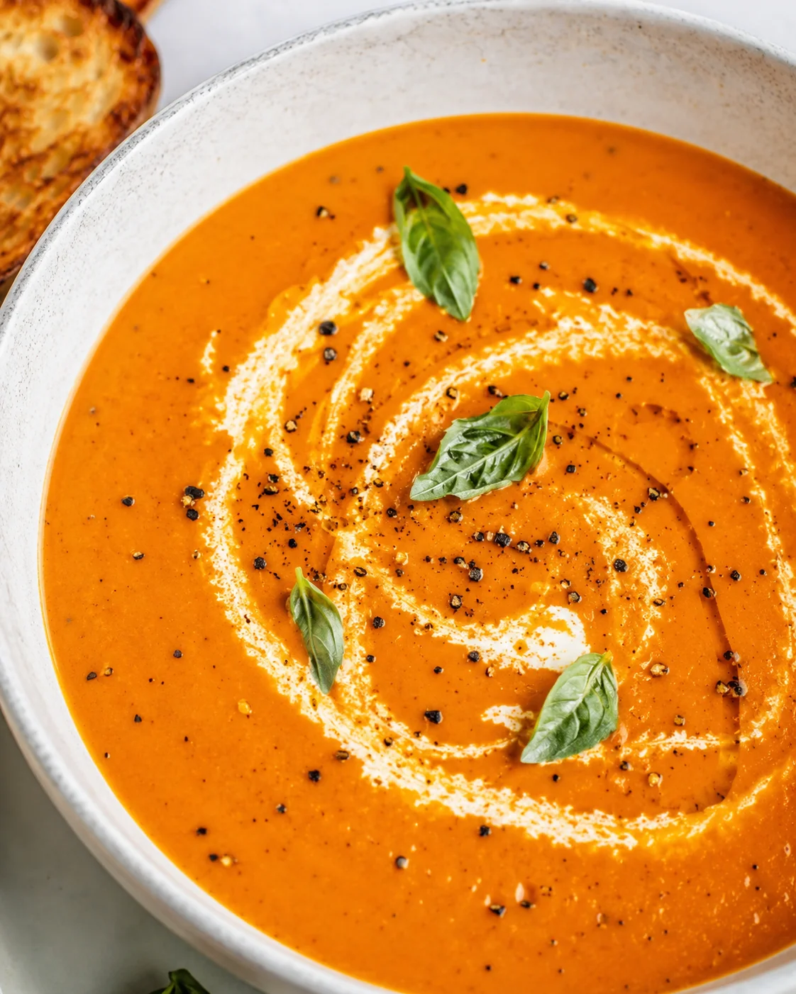Close-up of Roasted Tomato Soup with cream swirl, cracked pepper, and basil
