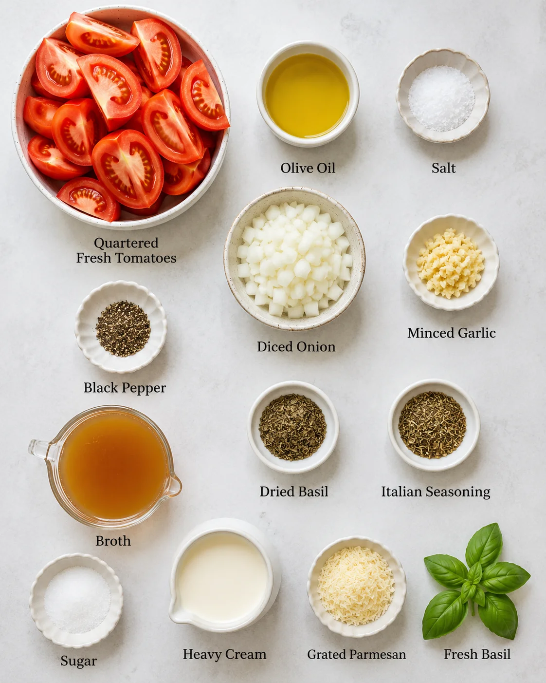 Top-down layout of ingredients for Roasted Tomato Soup including quartered tomatoes, onion, garlic, broth, cream and herbs