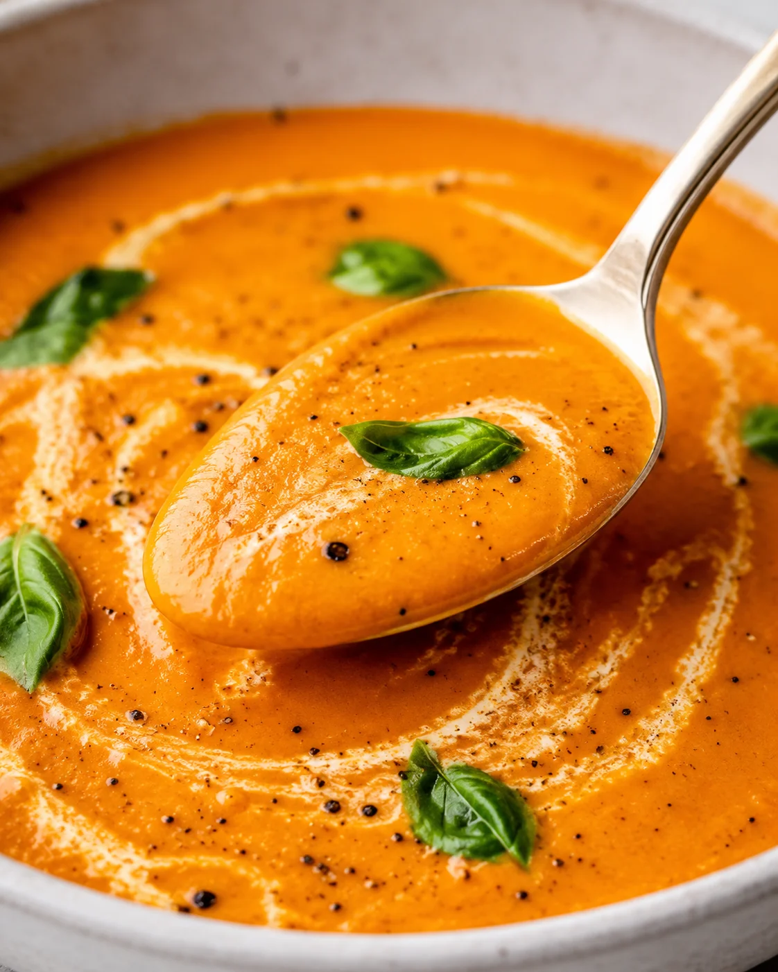 Spoon lifting a spoonful of Roasted Tomato Soup garnished with a basil leaf
