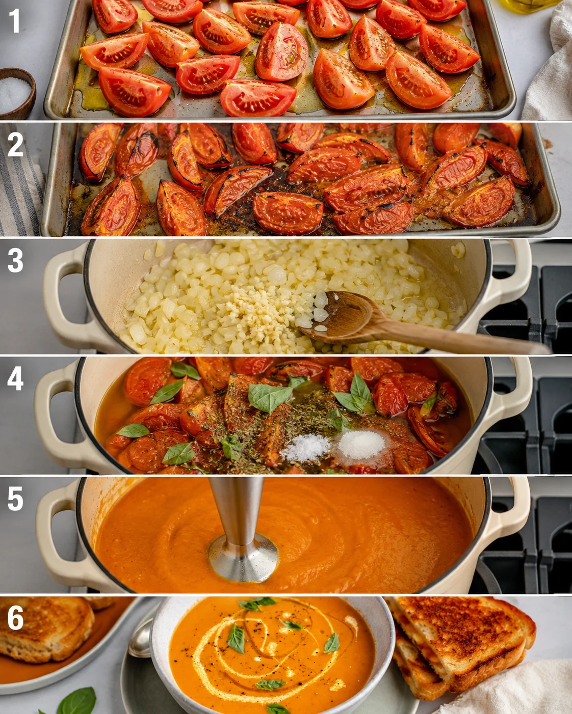 Six-step photo collage showing roasting tomatoes, sautéing onions, simmering, blending and finished Roasted Tomato Soup