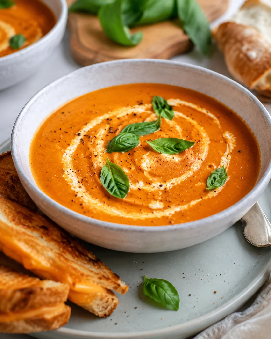 Bowl of Roasted Tomato Soup with cream swirl and fresh basil served with grilled cheese