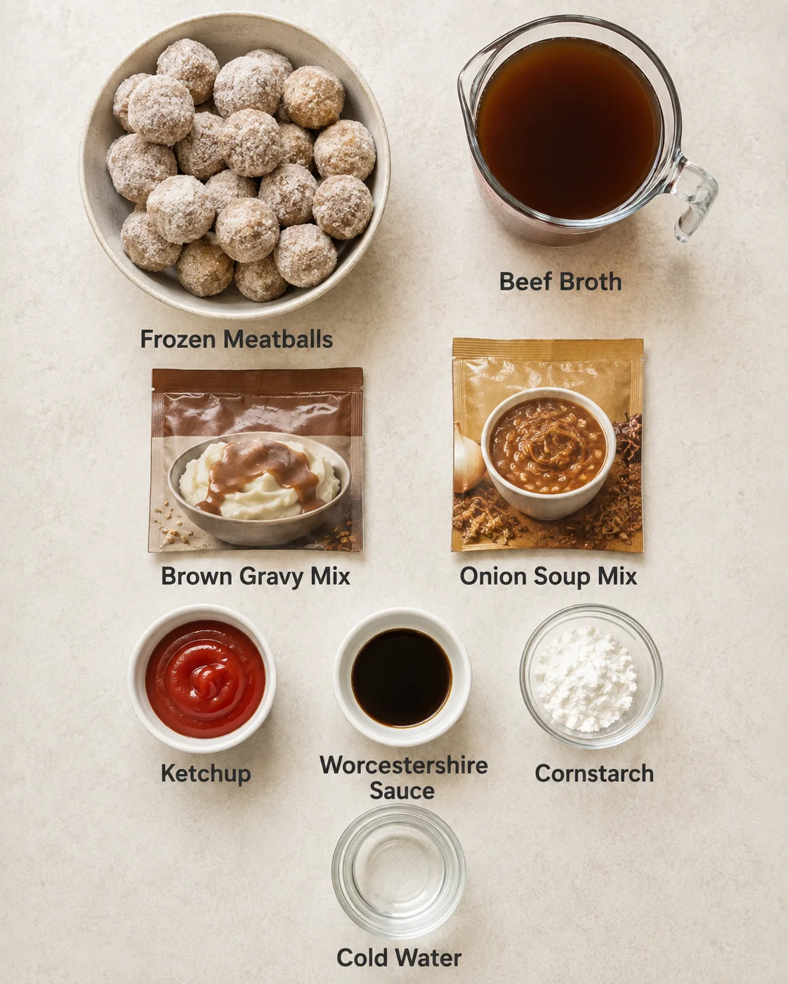 Top-down layout of ingredients for slow cooker Salisbury steak meatballs labeled on a neutral background