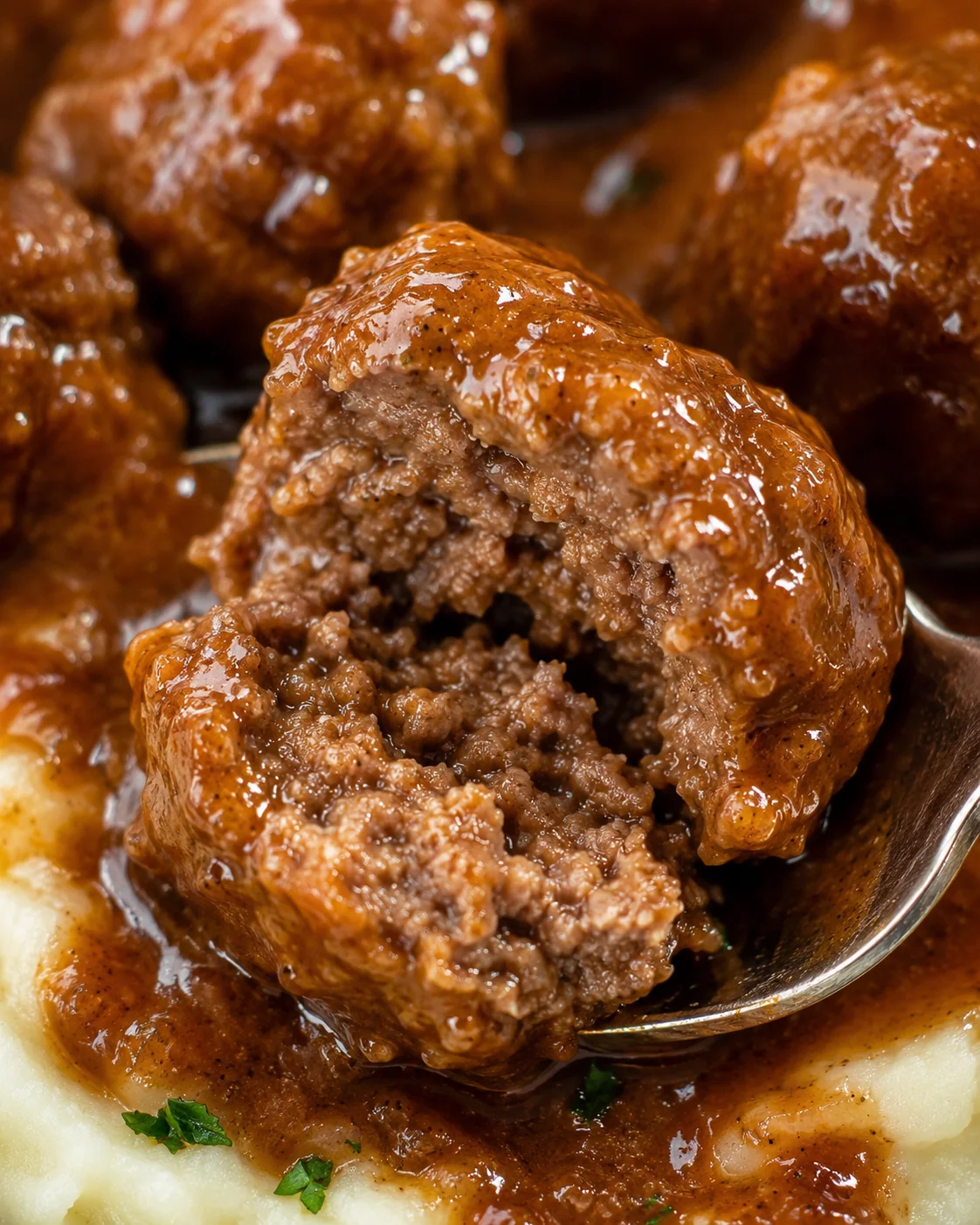 Interior cross-section of a Salisbury steak meatball on a spoon showing moist texture