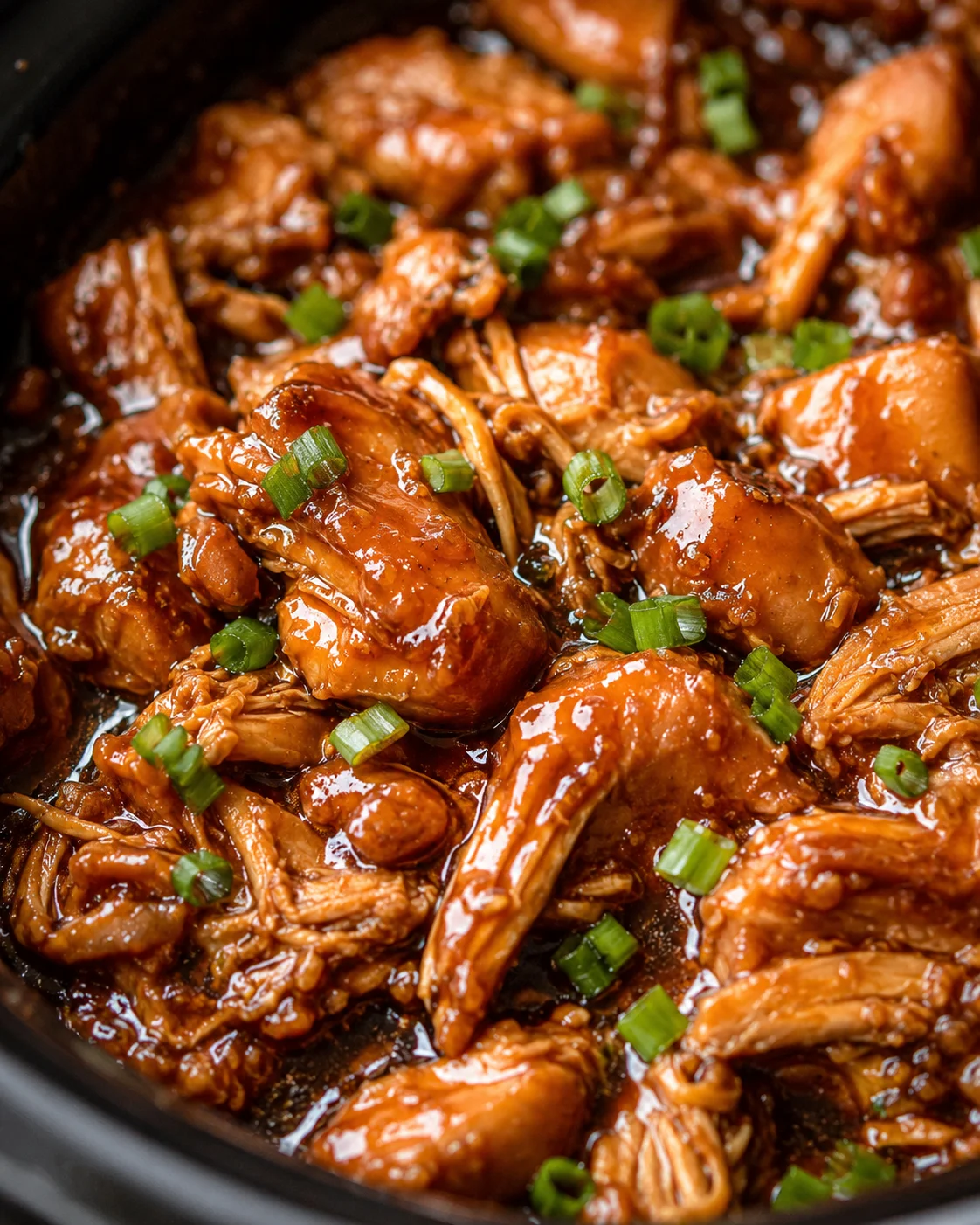 Slow cooker bourbon chicken pieces in a glossy brown sauce sprinkled with chopped green onions