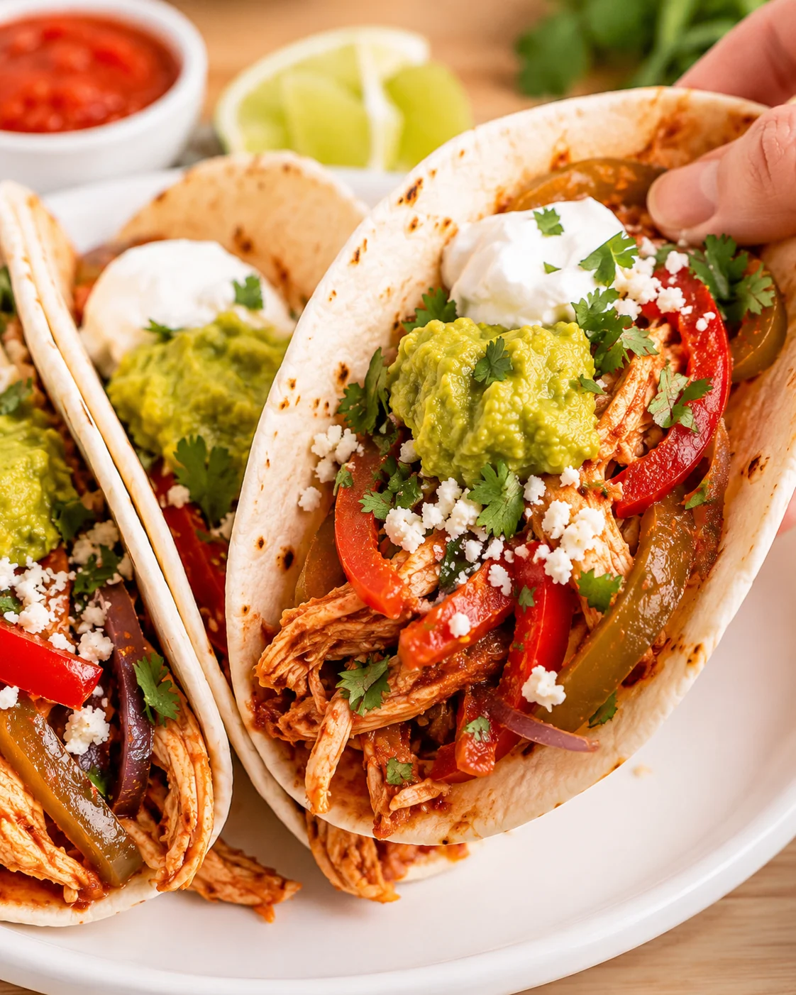 Hand picking up a chicken fajita taco topped with guacamole and sour cream, lime and salsa in the background