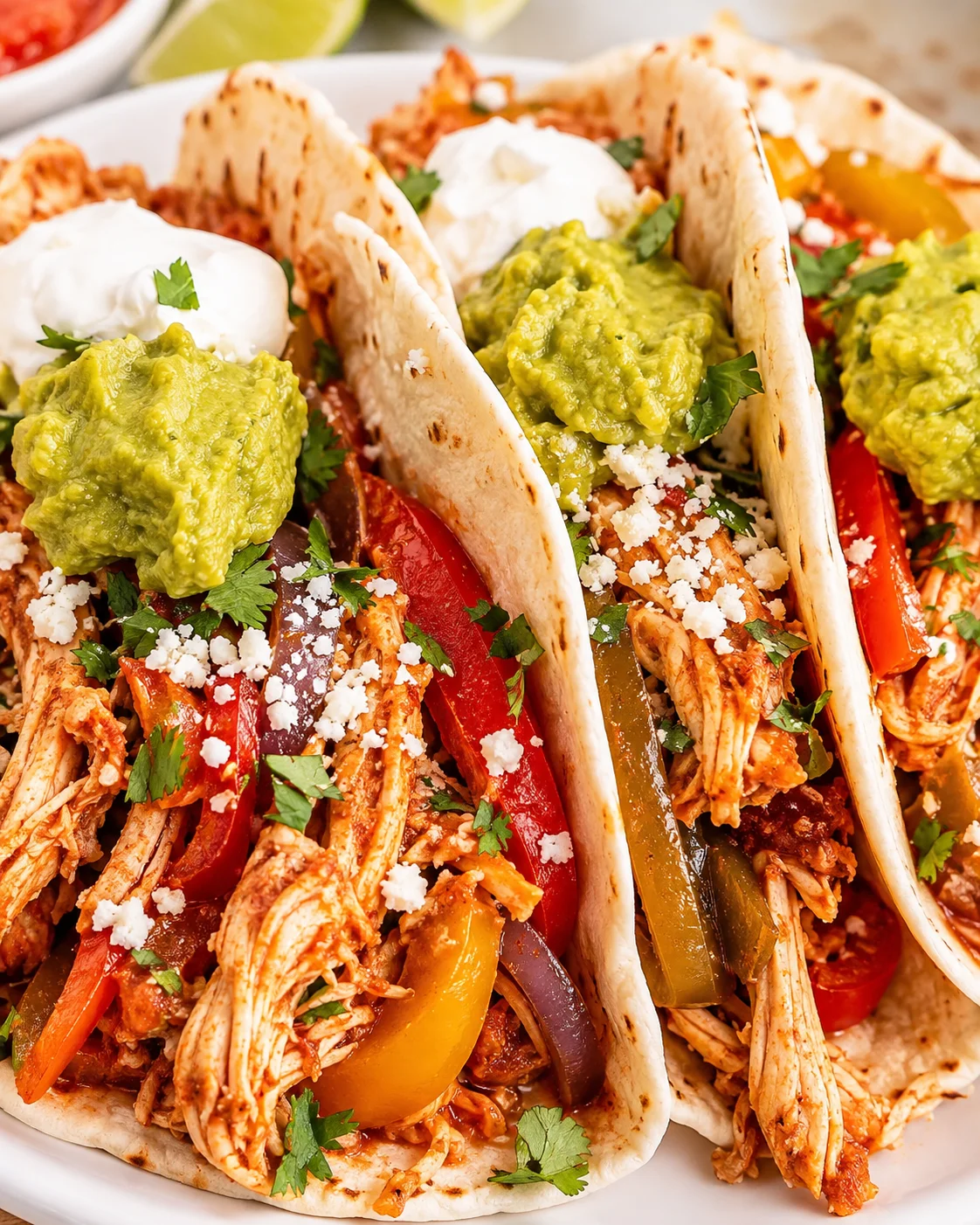 Three crock pot chicken fajitas in warm tortillas topped with guacamole, sour cream, cilantro and crumbled cheese