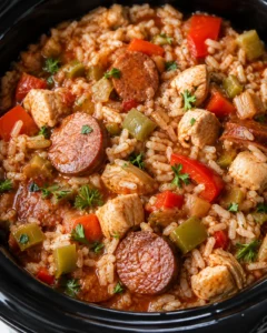 Close-up of slow cooker chicken jambalaya with chicken, andouille, rice, and bell peppers