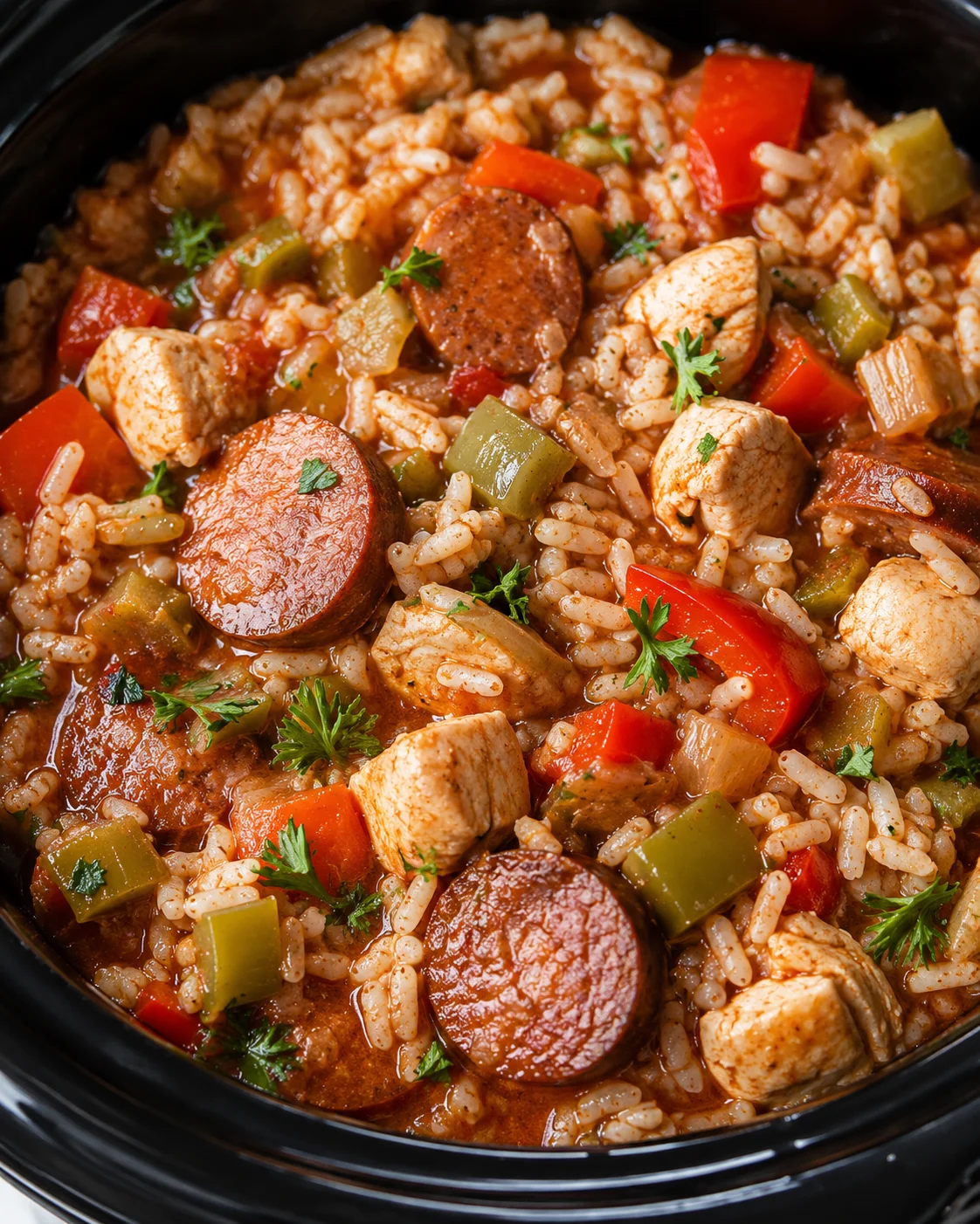 Close-up of slow cooker chicken jambalaya with chicken, andouille, rice, and bell peppers