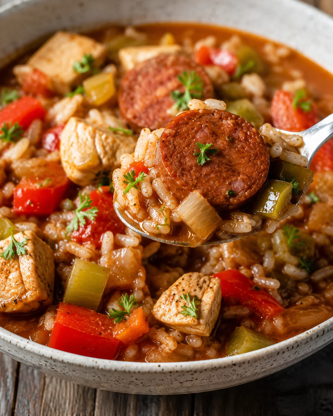Spoon lifting a bite of slow cooker chicken jambalaya with sausage, rice, and peppers from a bowl