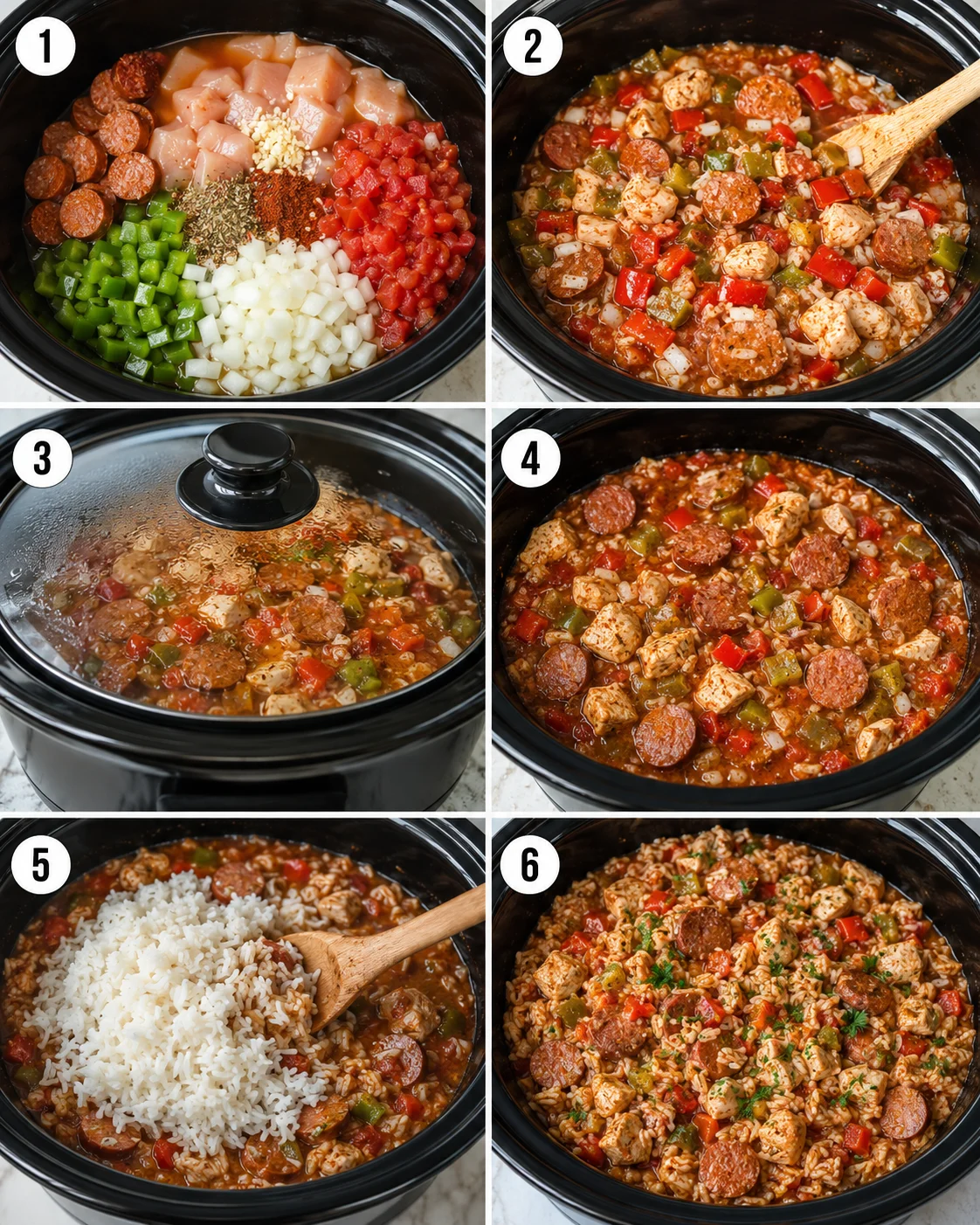Six-panel step-by-step images showing ingredients added, cooking, and rice stirred into slow cooker