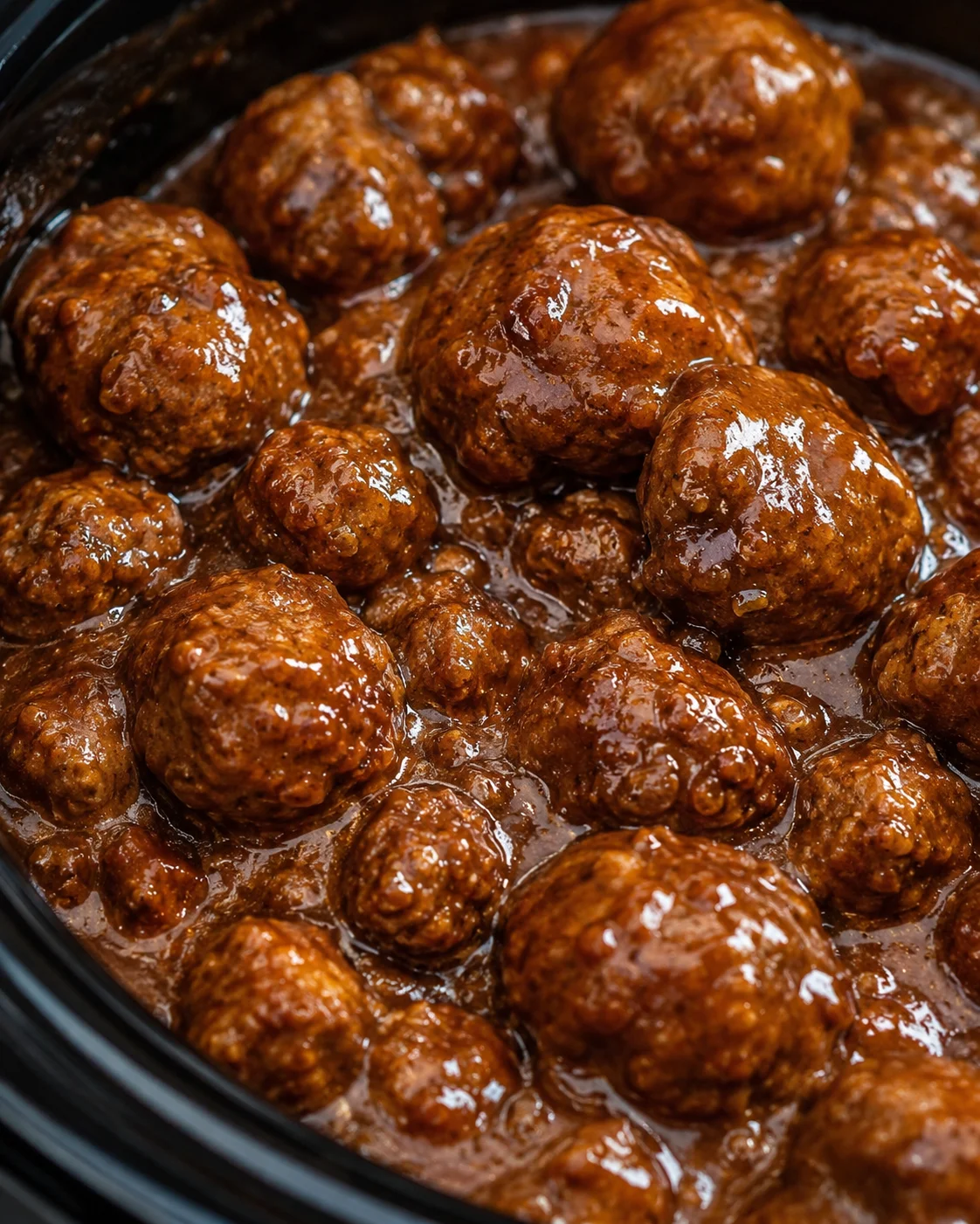 Close-up of slow cooker Salisbury steak meatballs simmering in glossy brown gravy