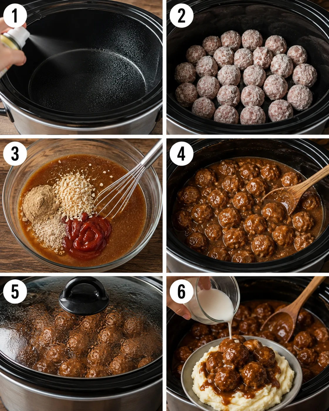 Six-panel photo collage showing steps to make slow cooker Salisbury steak meatballs