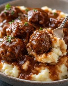 Plated slow cooker Salisbury steak meatballs in gravy over mashed potatoes with a spoon