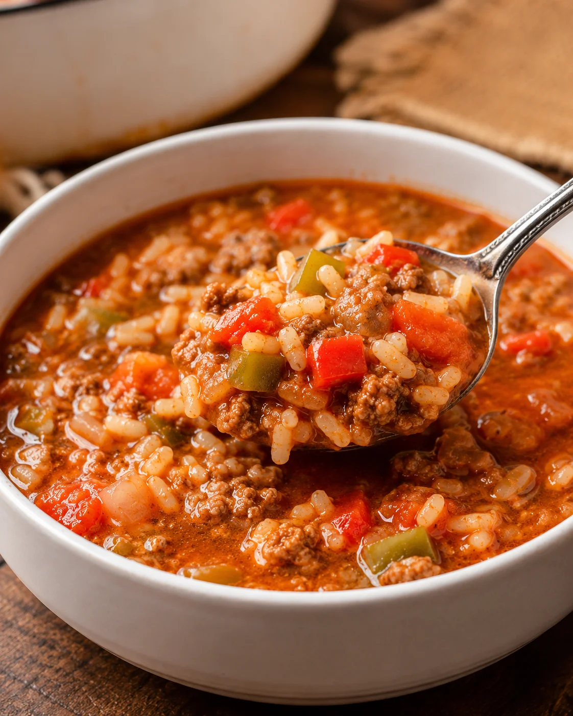 Bowl of stuffed peppers soup with a spoonful lifted