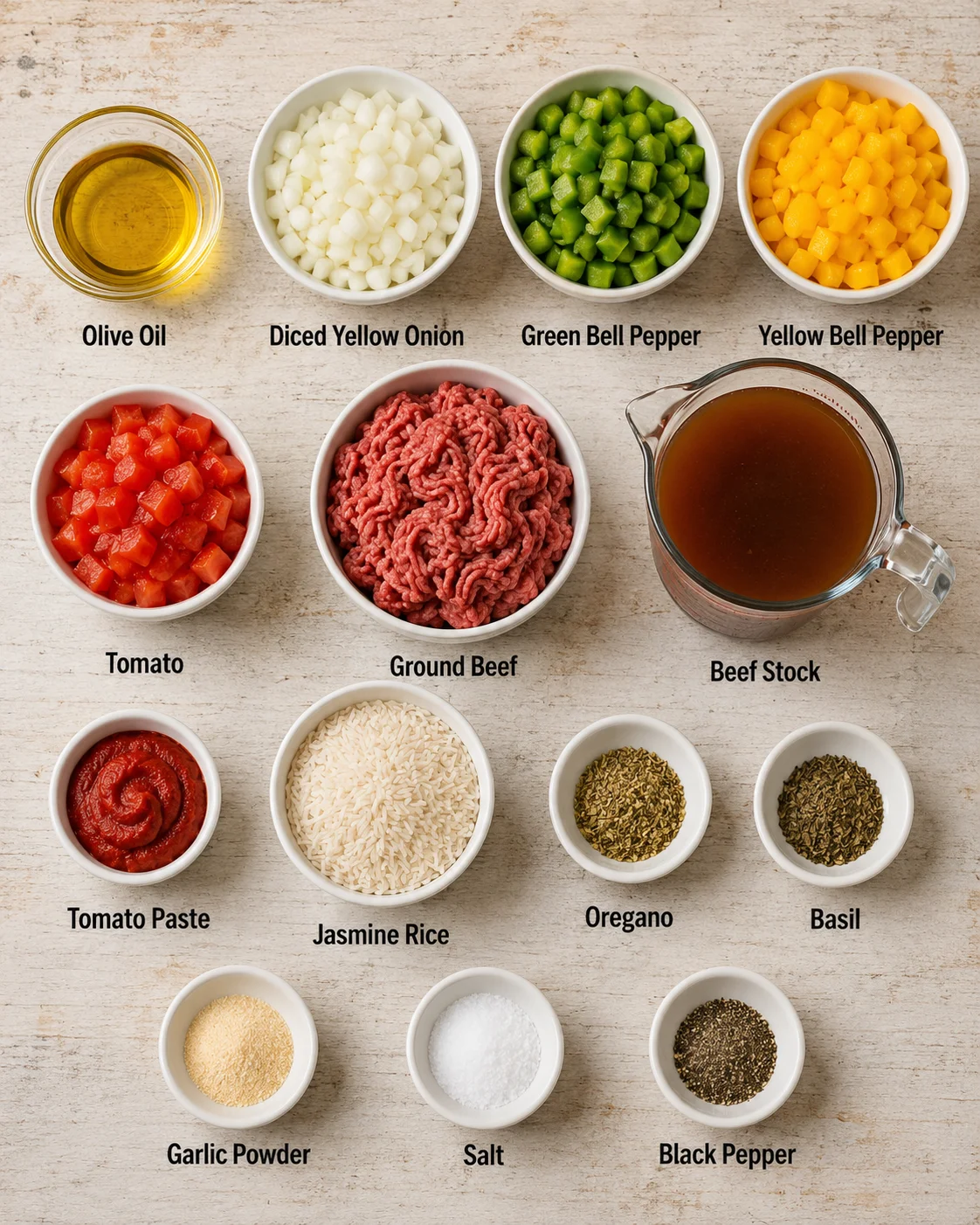 Top-down view of measured ingredients for stuffed peppers soup arranged in bowls