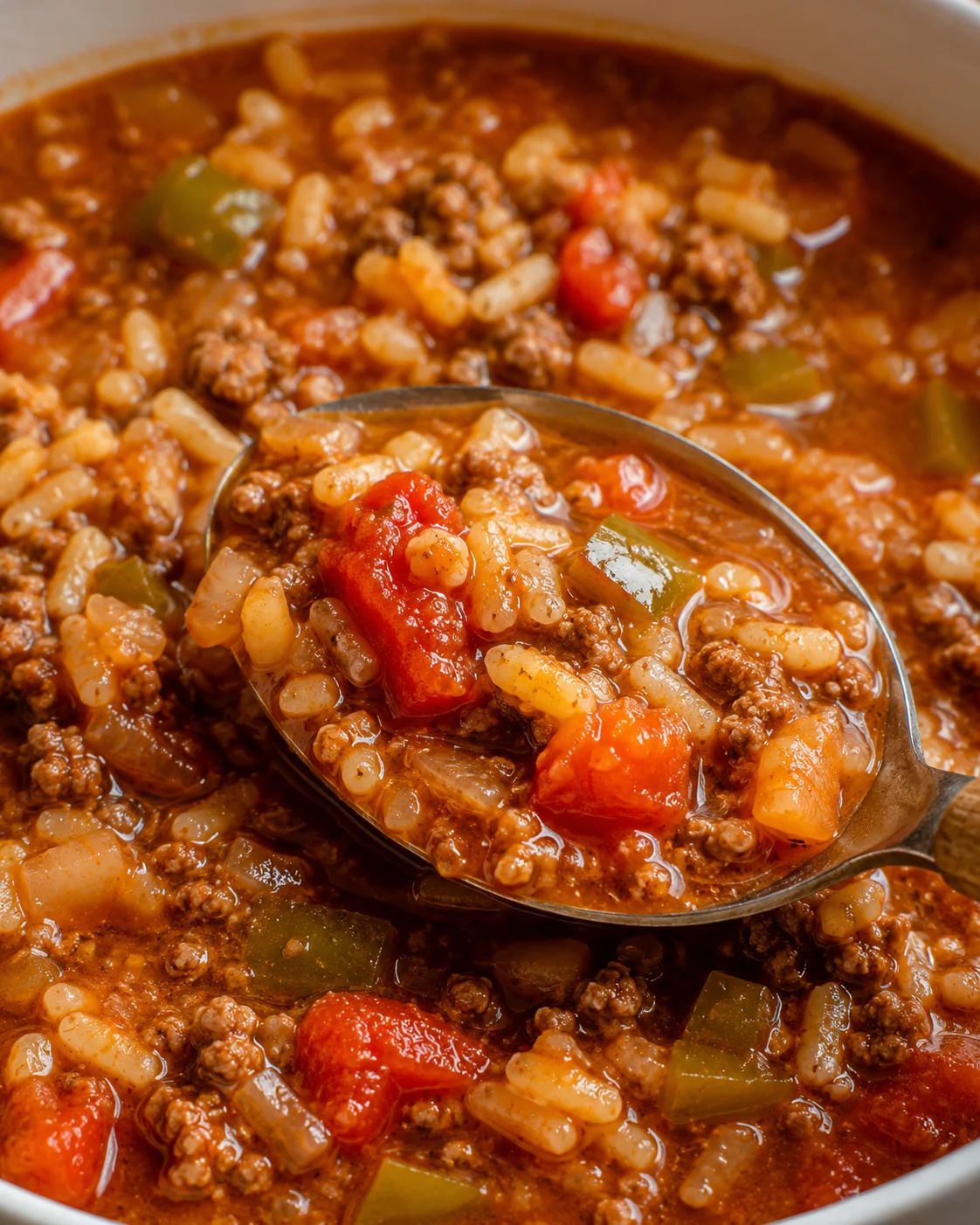 Close-up spoonful of stuffed peppers soup showing rice, tomatoes, and ground beef