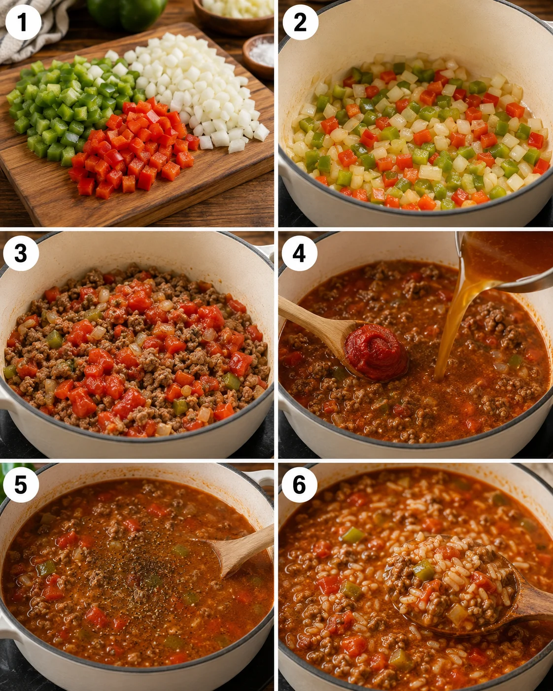 Six-panel collage showing preparation steps for stuffed peppers soup from diced veg to finished pot