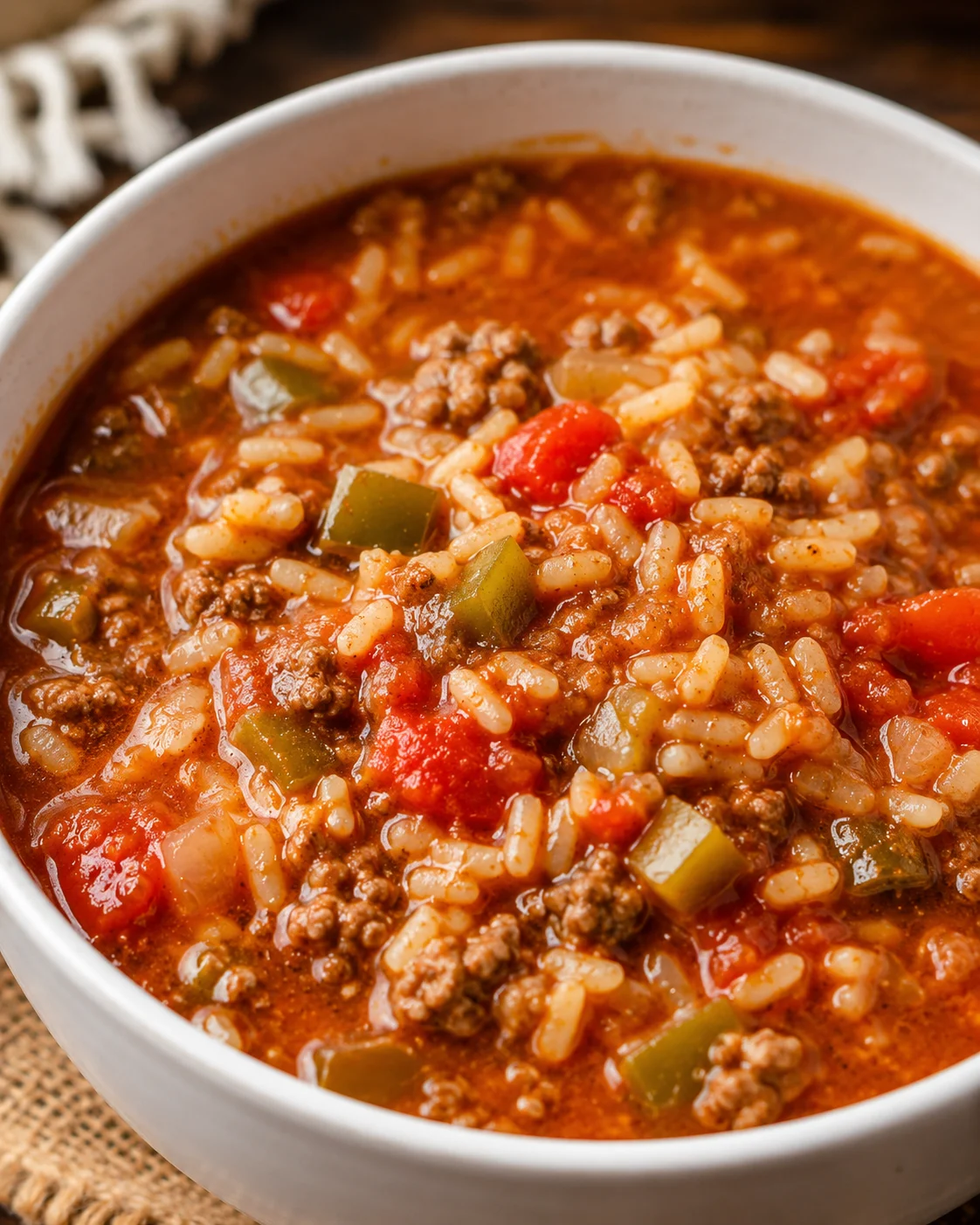 Close texture detail of stuffed peppers soup showing rice, beef, and diced peppers