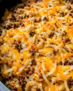 Finished Taco Crock Pot Hashbrown Casserole in the slow cooker with melted cheese and browned beef