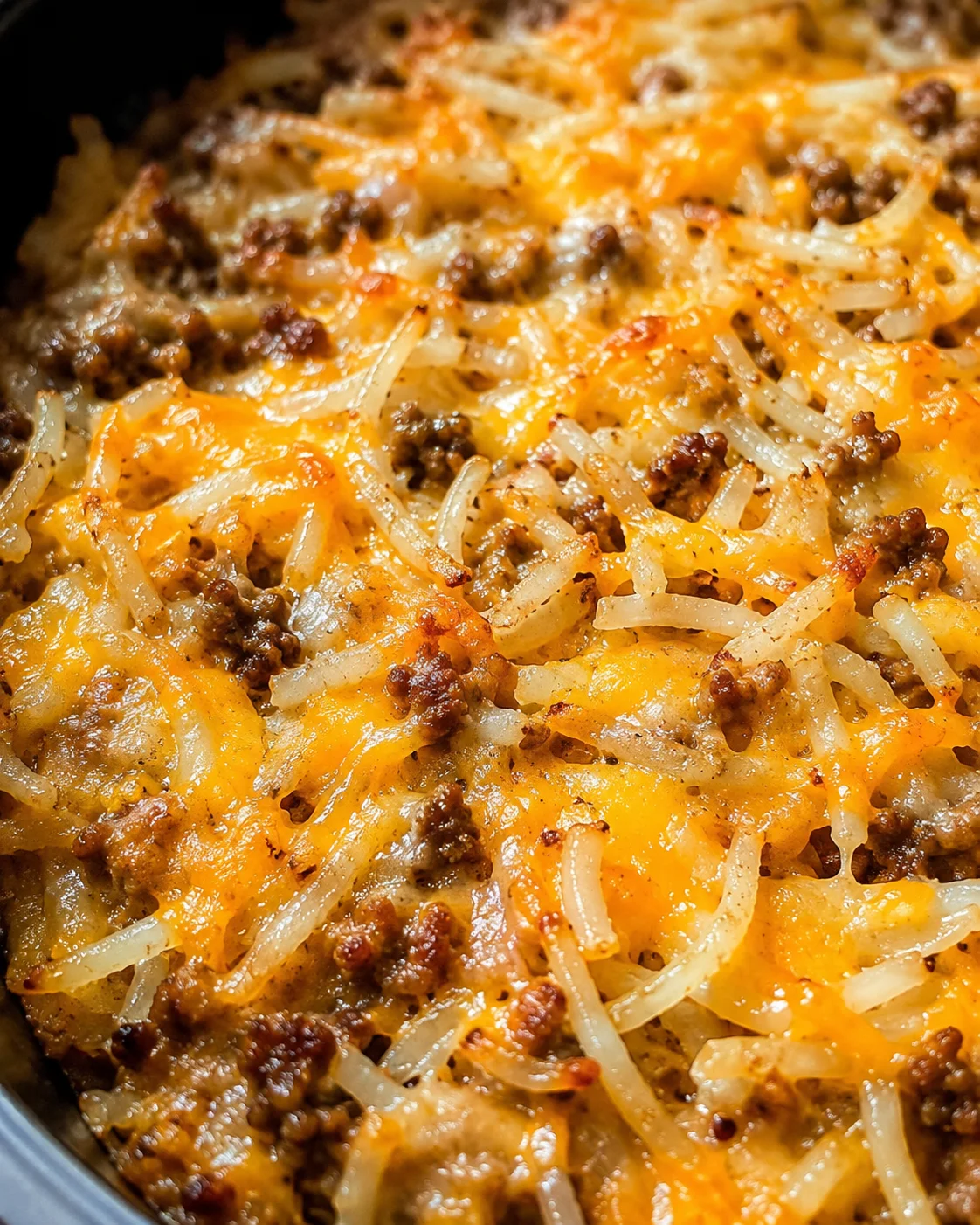Finished Taco Crock Pot Hashbrown Casserole in the slow cooker with melted cheese and browned beef