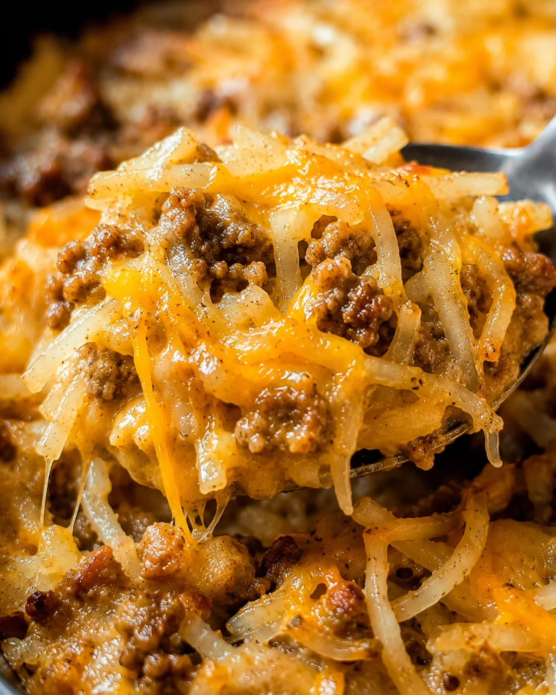 Forkful close-up of cheesy Taco Crock Pot Hashbrown Casserole showing melted cheese strands and seasoned beef